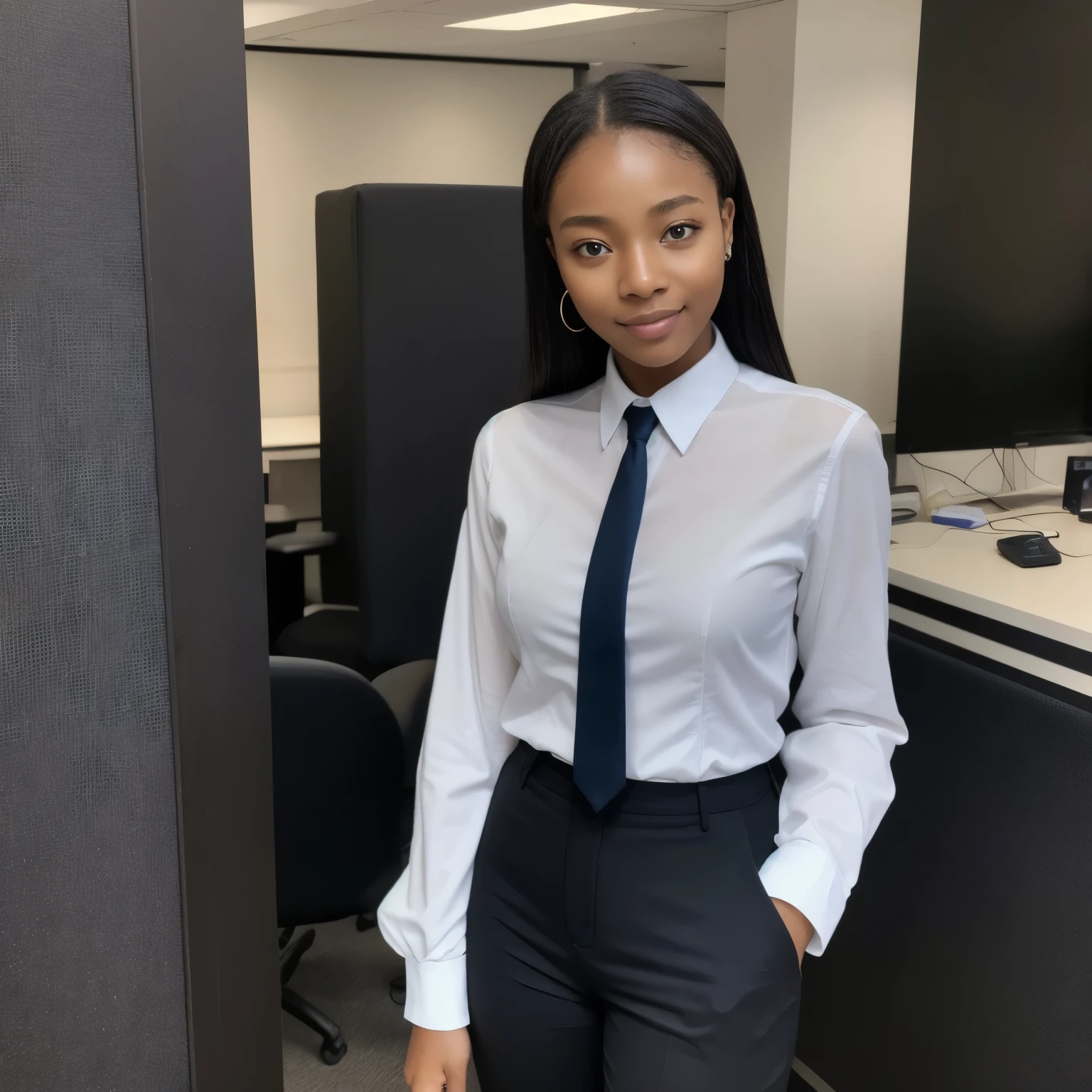 (masterpiece:1.1), (8k, photorealistic, RAW photo, best quality:1.1), african female customer service representative, aged between 20 and 35, dressed in formal business attire. She should be smiling and appear approachable and professional. The background should be a modern office environment