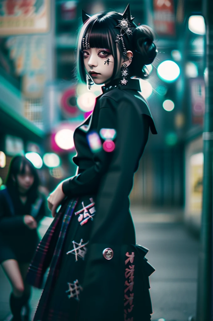 Goth_punk, One Girl, solo, Medium Shot, Walking around Harajuku, ((at night)), Bokeh Depth of Field, Neon Light, Rainbow Eyes, Starry Sky, Black shimmering hair, Black eyebrows, Shiny Hair, (Iridescent white hair), Earrings, Bans, gem, mask, Blunt bangs, Red eyes, 口mask, Blurred背景, Blurred, hair ornaments, Look at the viewers, short hair, Portraiture, Side Lock