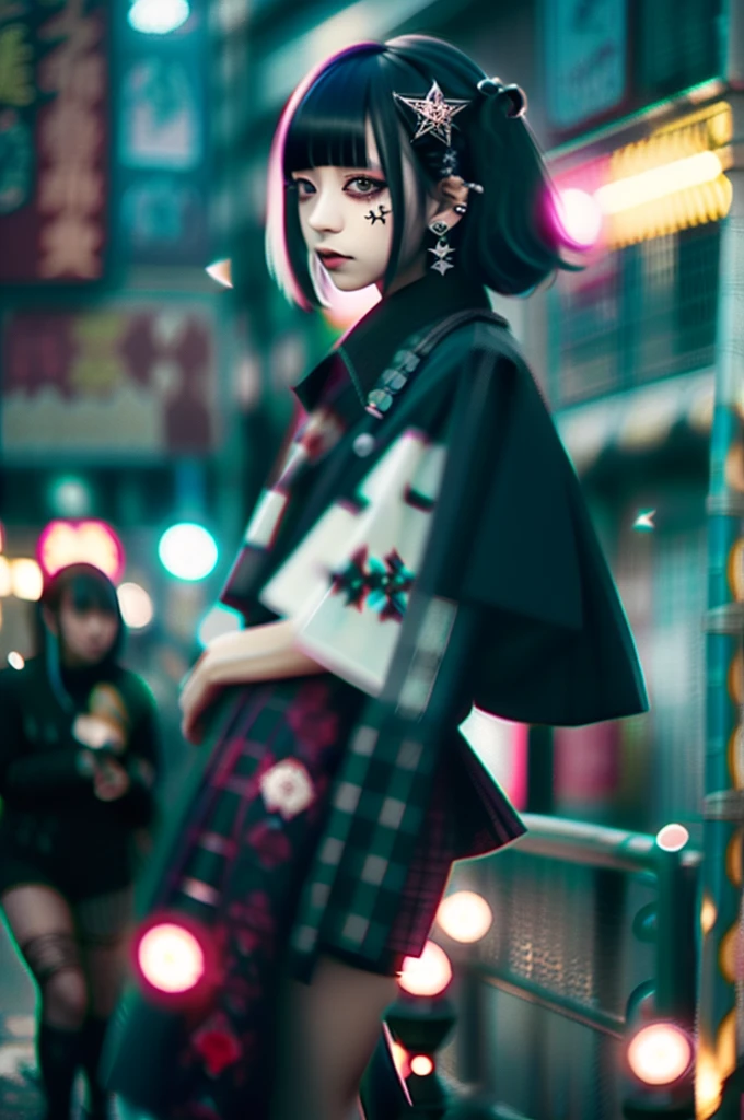 Goth_punk, One Girl, solo, Medium Shot, Walking around Harajuku, ((at night)), Bokeh Depth of Field, Neon Light, Rainbow Eyes, Starry Sky, Black shimmering hair, Black eyebrows, Shiny Hair, (Iridescent white hair), Earrings, Bans, gem, mask, Blunt bangs, Red eyes, 口mask, Blurred背景, Blurred, hair ornaments, Look at the viewers, short hair, Portraiture, Side Lock