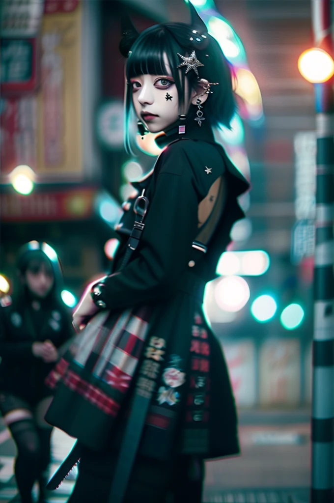 Goth_punk, One Girl, solo, Medium Shot, Walking around Harajuku, ((at night)), Bokeh Depth of Field, Neon Light, Rainbow Eyes, Starry Sky, Black shimmering hair, Black eyebrows, Shiny Hair, (Iridescent white hair), Earrings, Bans, gem, mask, Blunt bangs, Red eyes, 口mask, Blurred背景, Blurred, hair ornaments, Look at the viewers, short hair, Portraiture, Side Lock