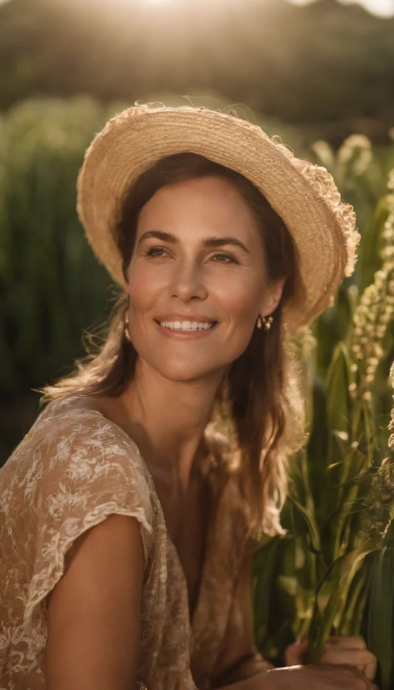 Uma mulher com um borrifador em um campo, frasco de perfume spray, nebulization, sprays, clima quente, particles of poeira no ar, sunny summer day, rosto vermelho e suor, tempo muito ensolarado, hot day summer, foto de perfil, ensolarado ambiente, quente com sol brilhante, dia quente, spray de água, dia ensolarado