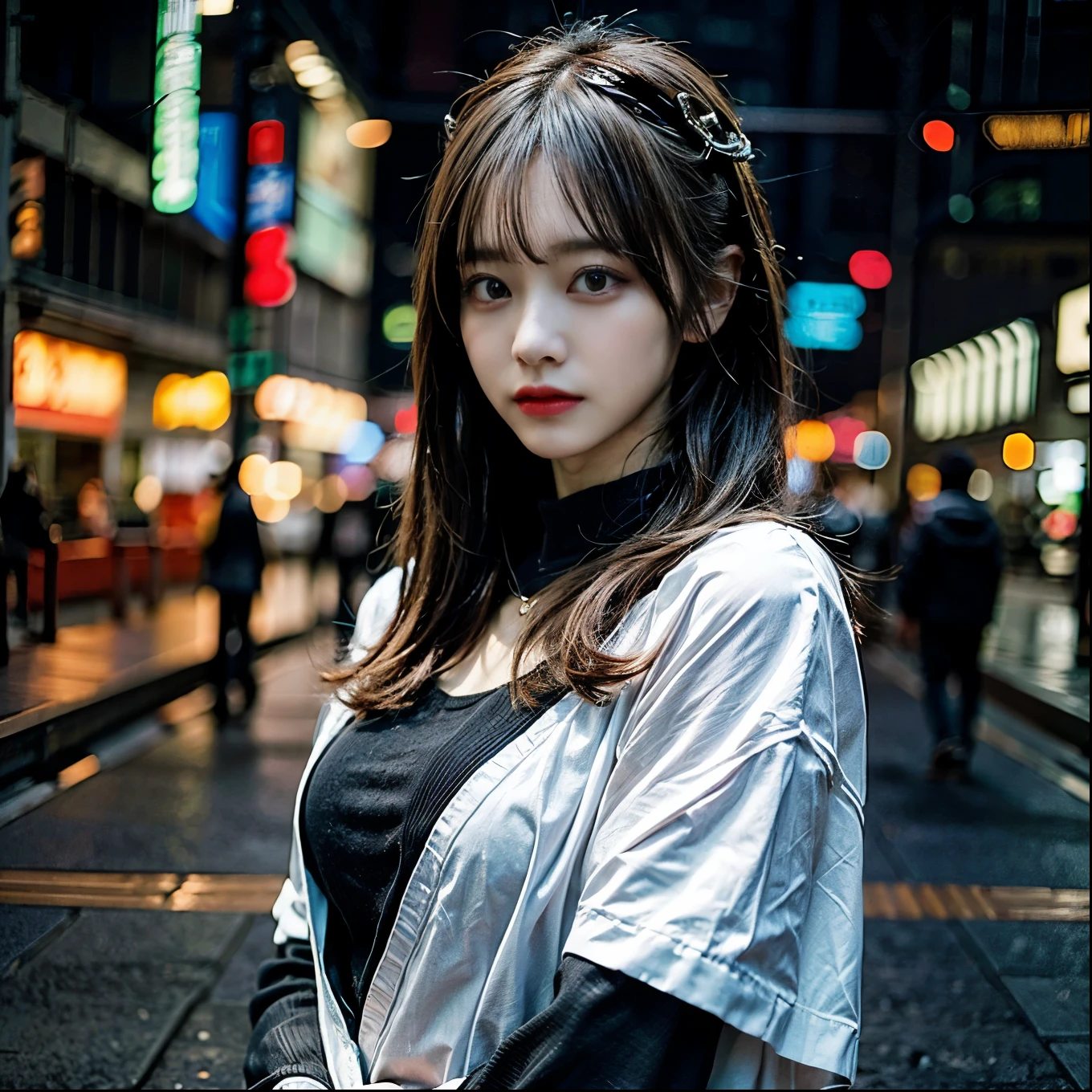 there is a woman standing on the side of the street, cyberpunk art by Yang J, Trending on ArtStation, Realism, artwork in the style of guweiz, Anime style. 8K, guweiz, realistic anime 3 d style, Trending on CGSTATION, 🤤 girl portrait, hyper-realistic cyberpunk style, Anime style mixed with Fujifilm, dreamy cyberpunk girl