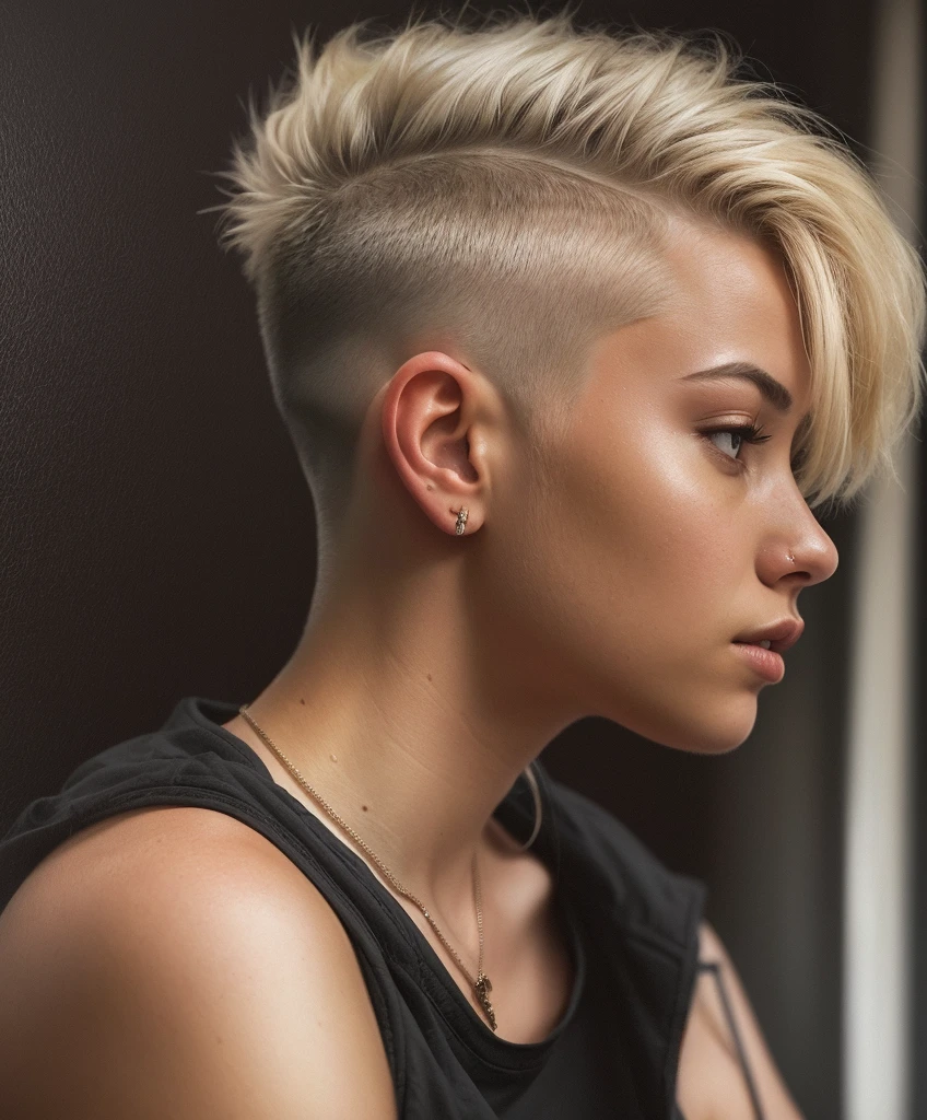 a 20 yo woman, blonde, (hi-top fade:1.3), dark theme, soothing tones, muted colors, high contrast, (natural skin texture, hyperrealism, soft light, sharp)