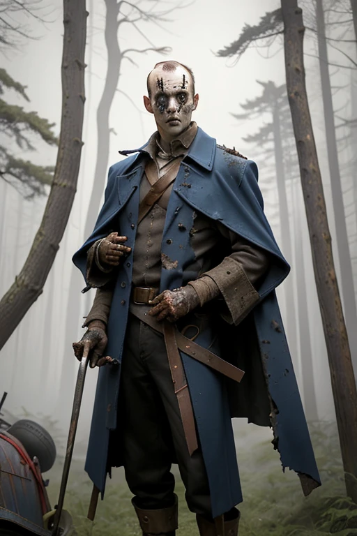 bulky tall undead with a balding head and long sidehair, his skin is yellowish with various scars. his eyes are a chilling blue and on his hands there is a bone dagger. this mand is using an overcoat made with leather
. the background englobes a decaying dead tree behind him and a destroyed wooden
cart