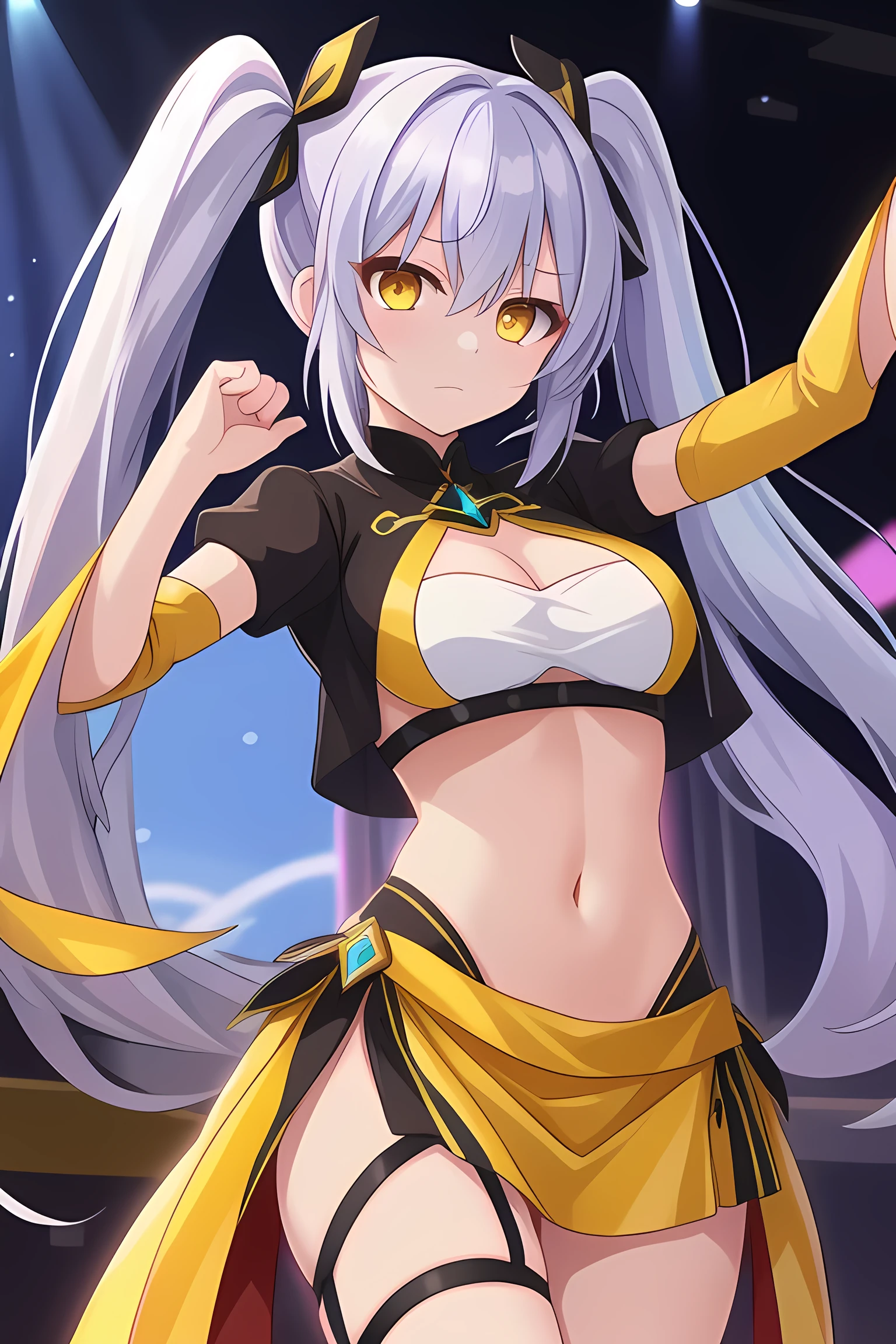 beautiful female with long twintails, silver hair, yellow eyes, wearing a dancer inspired outfit, with a somber expression 