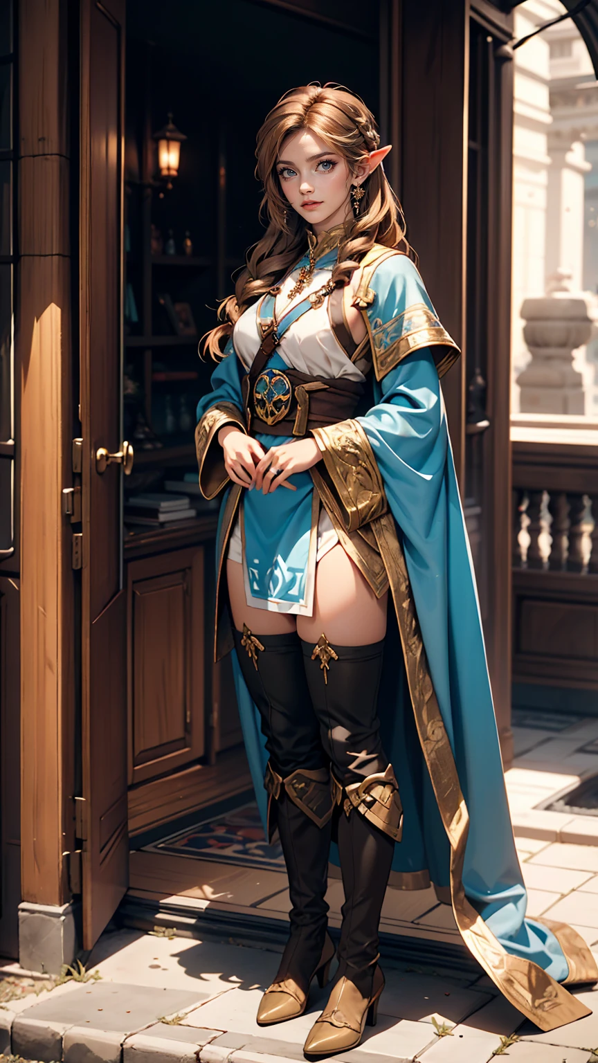 Princess Zelda full body shot, Brown Hair, blue eyes, Dressed as an Assassin&#39;s Creed Assassin, white+In gold、whiteいマスクと金色のディテールが施されたフード, XL Bust, Using the Wrist Blade. background: Renaissance city. Unreal Engine 5, anime, anime style, masterpiece, Well drawn eyes, Well-drawn faces, 細部までWell drawn eyes, 細部までWell-drawn faces, 8k, Light and shadow effects.  
