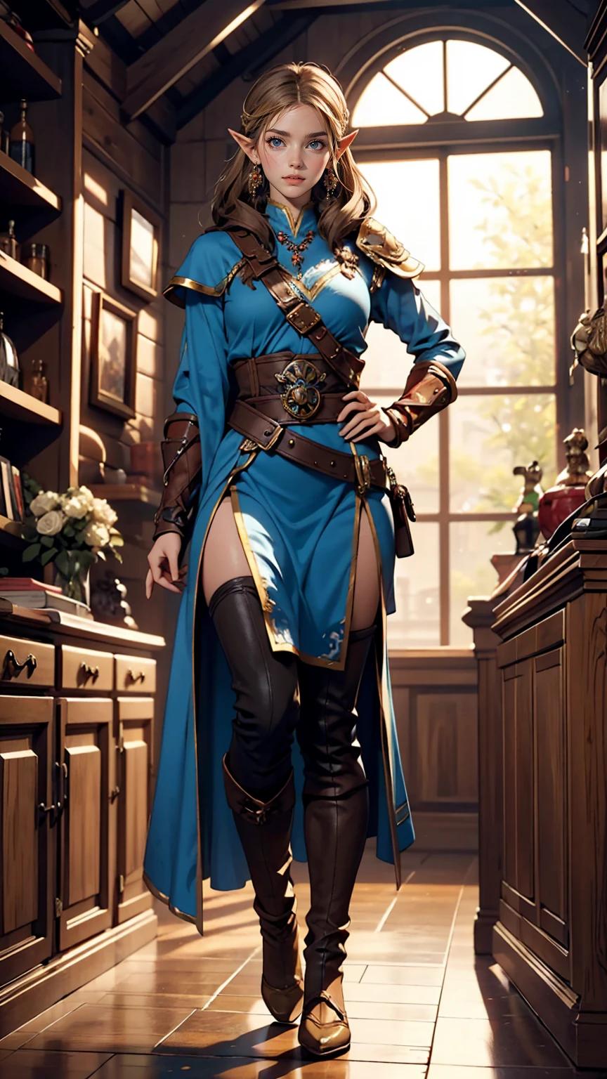 Princess Zelda full body shot, Brown Hair, blue eyes, Dressed as an Assassin's Creed Assassin, white+In gold、whiteいマスクと金色のディテールが施されたフード, XL Bust, Using the Wrist Blade. background: Renaissance city. Unreal Engine 5, anime, anime style, masterpiece, Well drawn eyes, Well-drawn faces, 細部までWell drawn eyes, 細部までWell-drawn faces, 8k, Light and shadow effects.