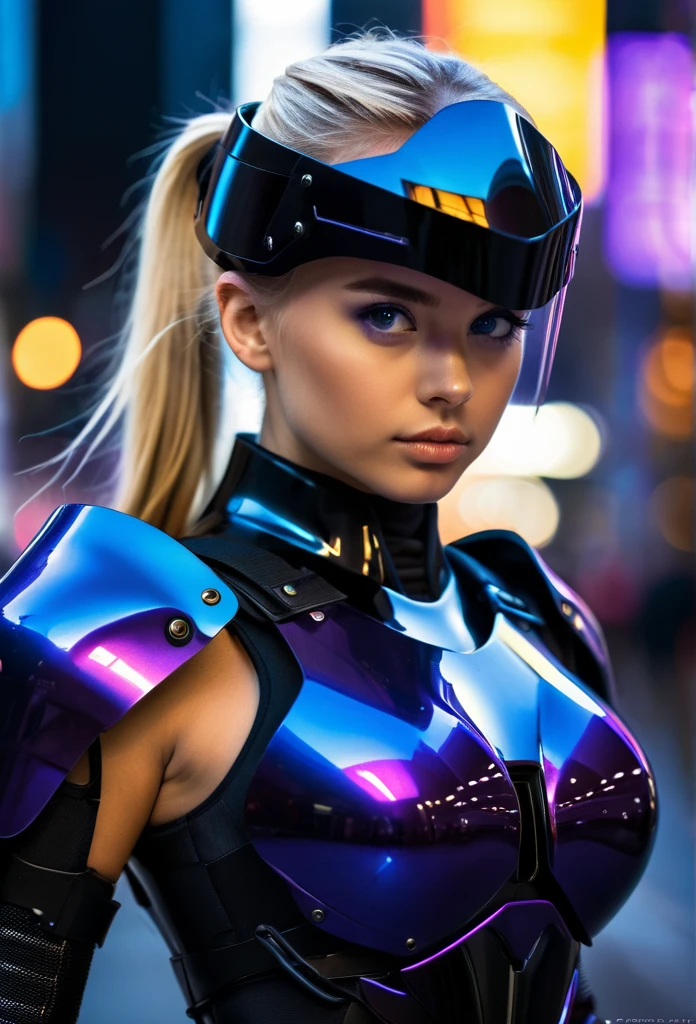 photography, high detail, realistic, ((Dressed from head to toe in black metallic body fitted tight body Armor)) ablack mixed helmet with clear visor for the eyes is on top her head. the girl has black and purple mixed shining lights in her eyes. Long Blonde ponytail. Carries a long broad sword with a black blue mixed colored bladed. ((blue blackmixed Robot orgami -shaped butterflies are next to her))