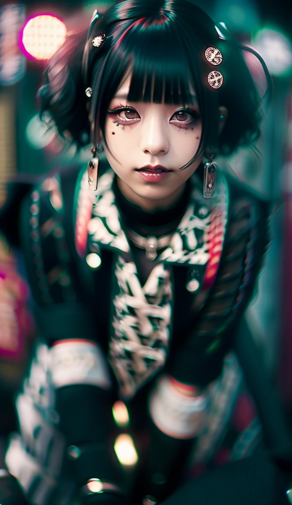 Goth_punk, One Girl, solo, Medium Shot, Walking around Harajuku, ((at night)), Bokeh Depth of Field, Neon Light, Rainbow Eyes, Starry Sky, Black shimmering hair, Black eyebrows, Shiny Hair, (Iridescent white hair), Earrings, Bans, gem, mask, Blunt bangs, Red eyes, 口mask, Blurred背景, Blurred, hair ornaments, Look at the viewers, short hair, Portraiture, Side Lock