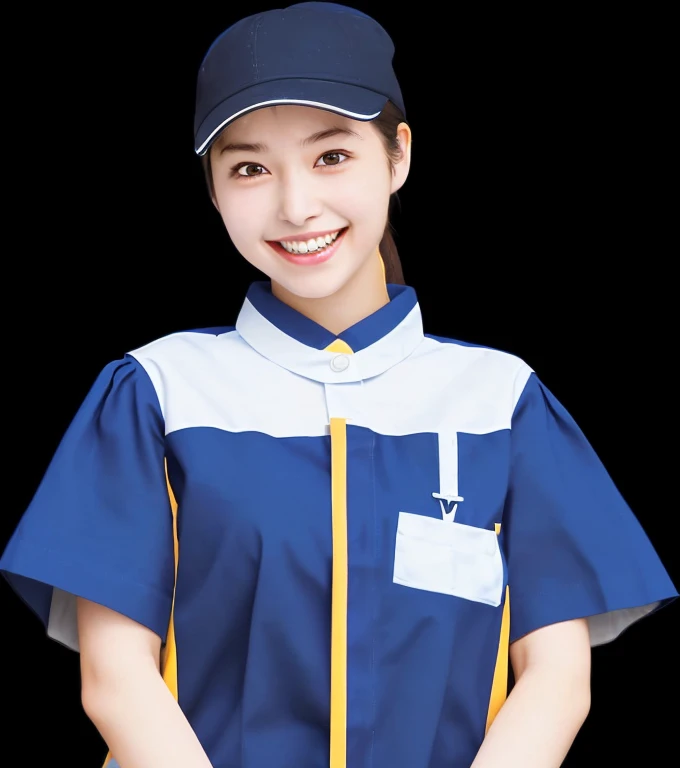 Japanese high school student girl cute clear sense of cleanliness young Beauty smile ponytail Mouth open Laugh out loud White teeth are visible Short sleeve The skin of the arm is visible not wearing anything under clothes Hats with brims