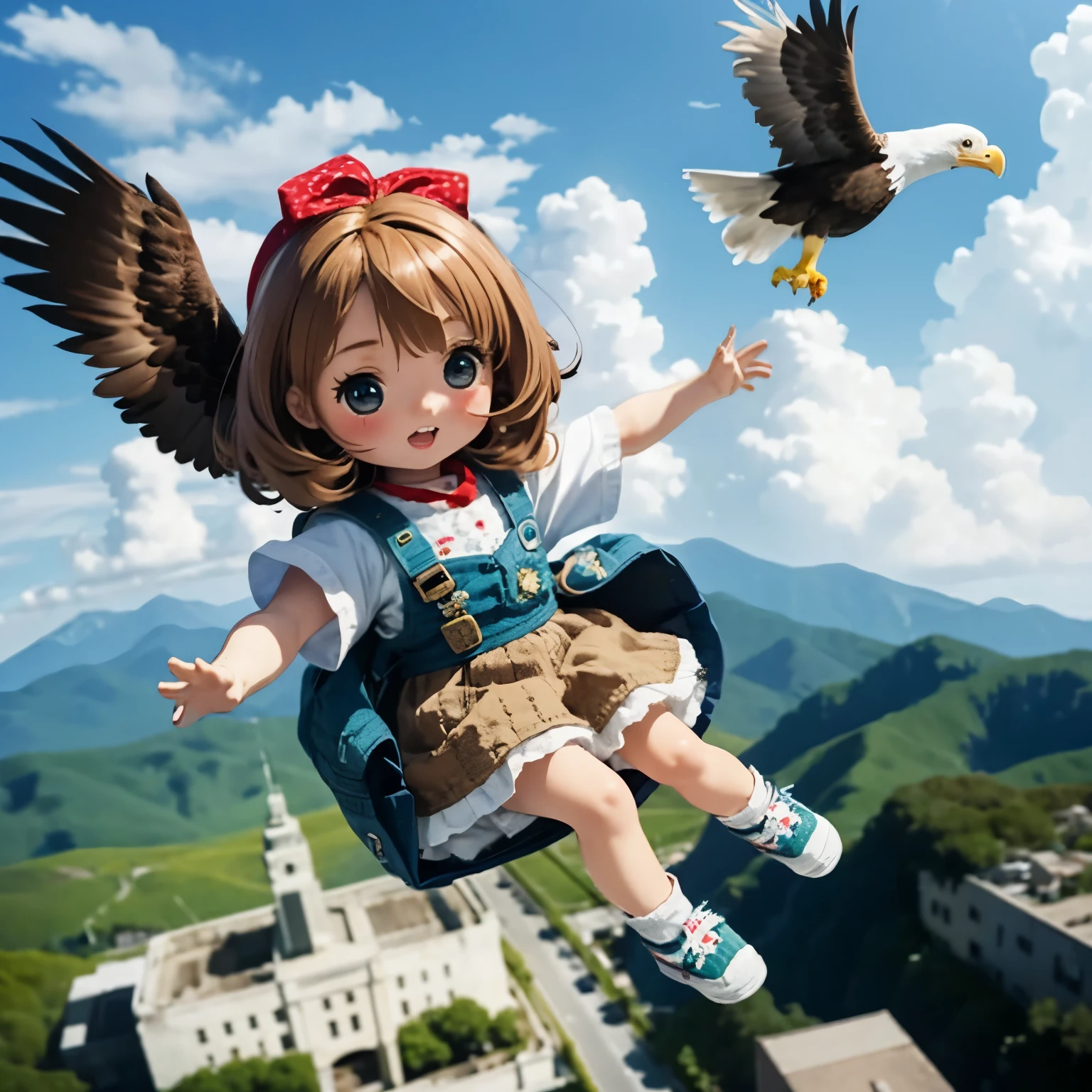 Photorealistic、Chibi Girl Doll(A flying through the sky on the back of an eagle)