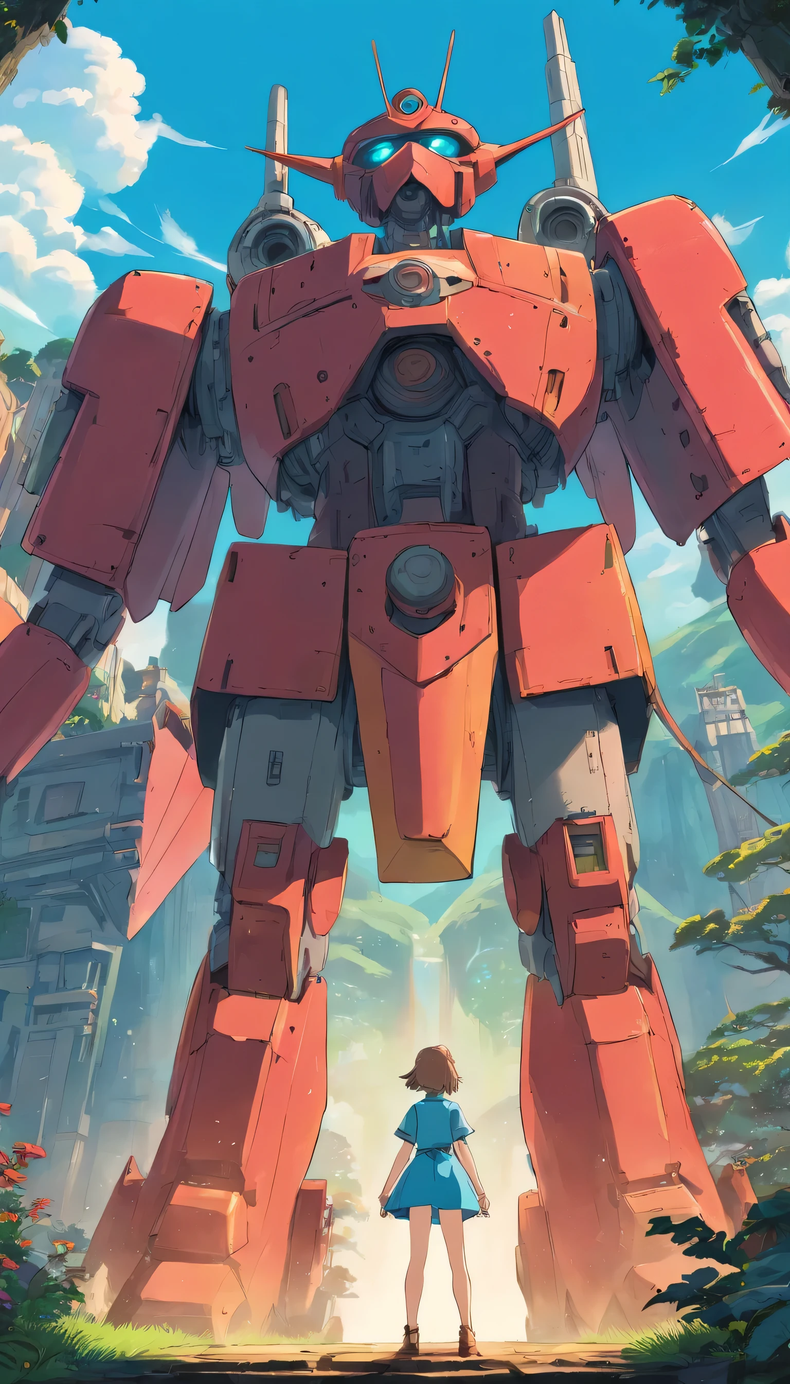 there is a woman standing in front of a giant robot, inspirado em Ken Kelly, epic album cover, imogen poots como paladino, Ralph Horsley cores vivas, poderosa princesa do deserto, skynet, intricate biopunk patterns, rainha do guerreiro, Krull