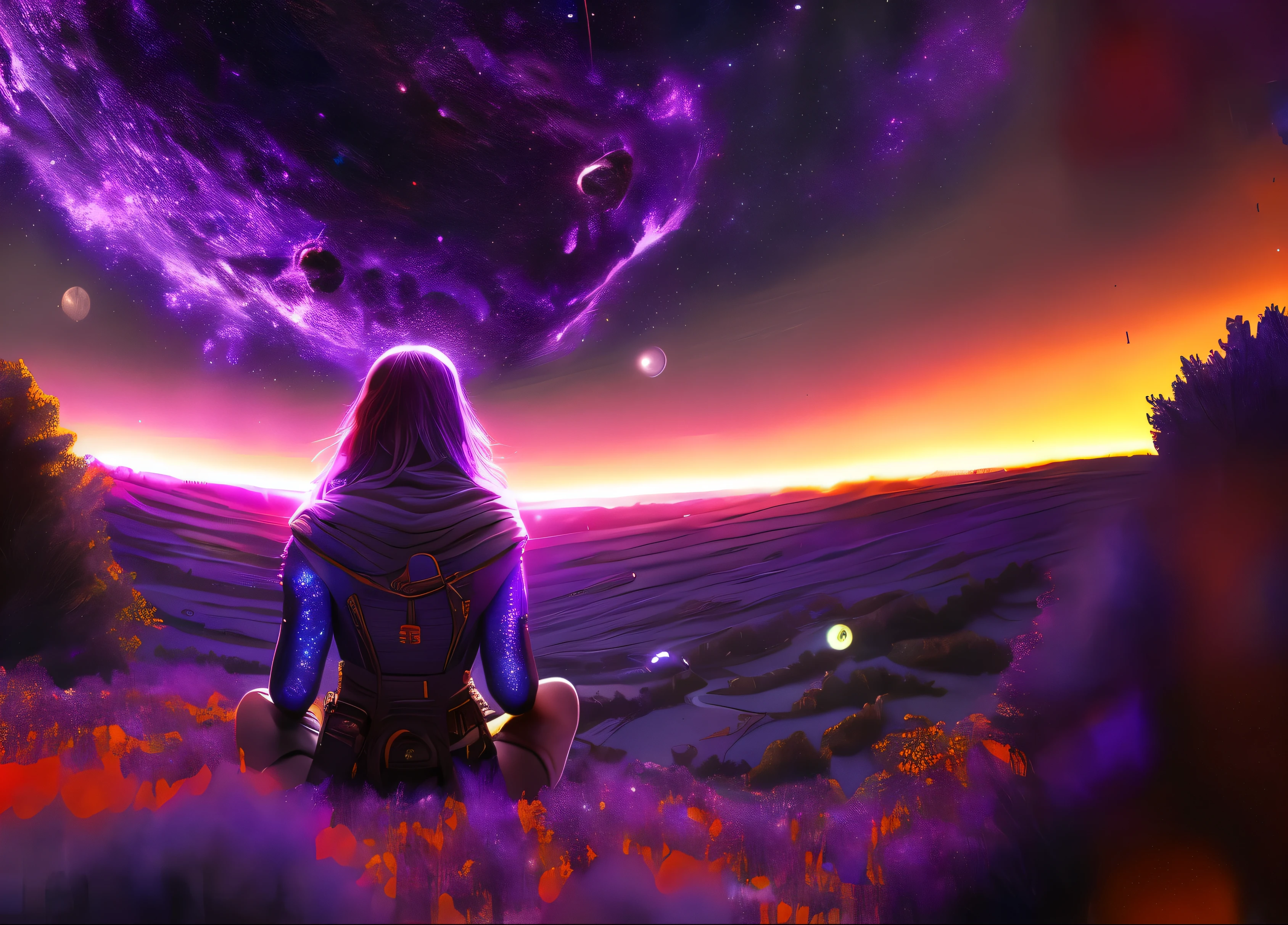 expansive landscape photograph , (a view from below that shows sky above and open field below), a girl standing on flower field looking up, (full moon:1.2), ( shooting stars:0.9), (nebula:1.3), distant mountain, tree BREAK production art, (warm light source:1.2), (Firefly:1.2), lamp, lot of purple and orange, intricate details, volumetric lighting BREAK (masterpiece:1.2), (best quality), 4k, ultra-detailed, (dynamic composition:1.4), highly detailed, colorful details,( iridescent colors:1.2), (glowing lighting, atmospheric lighting), dreamy, magical, (solo:1.2)