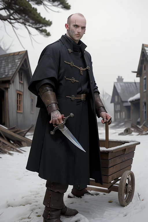 bulky tall undead with a balding head and long sidehair, his skin is yellowish with various scars. his eyes are a chilling blue and on his hands there is a bone dagger. this mand is using an overcoat made with leather. the background englobes a decaying dead tree behind him and a destroyed wooden cart and medieval houses.