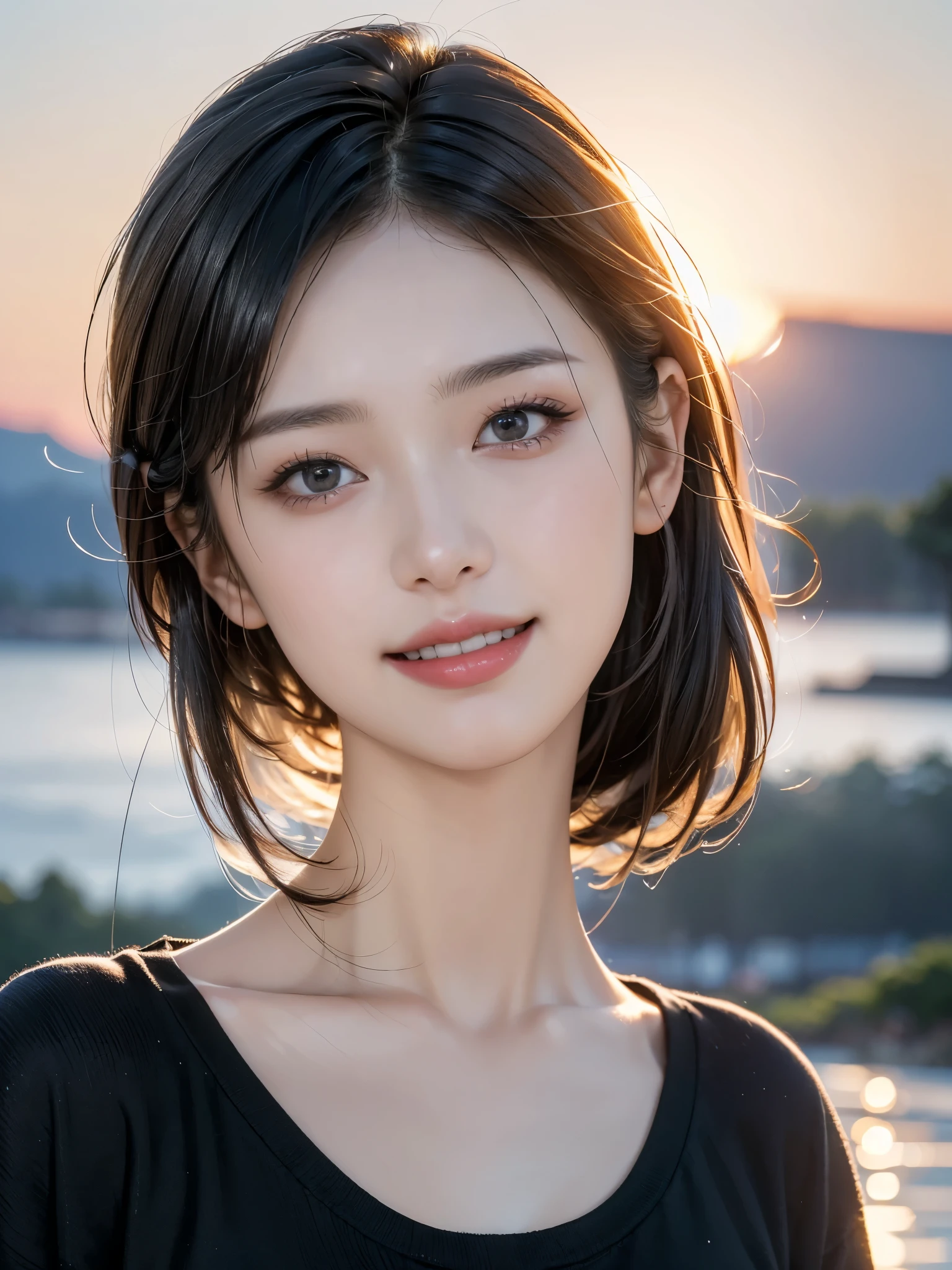 (highest quality,masterpiece:1.3,Ultra-high resolution),(Very detailed,8k), (Realistic:1.4, RAW shooting),Sunset sky,Japanese,20-year-old,smile,Black Short Hair,Black Shirt,Bust up shot,Face Focus,Face close-up,Natural light,Illuminate from below,Professional Lighting