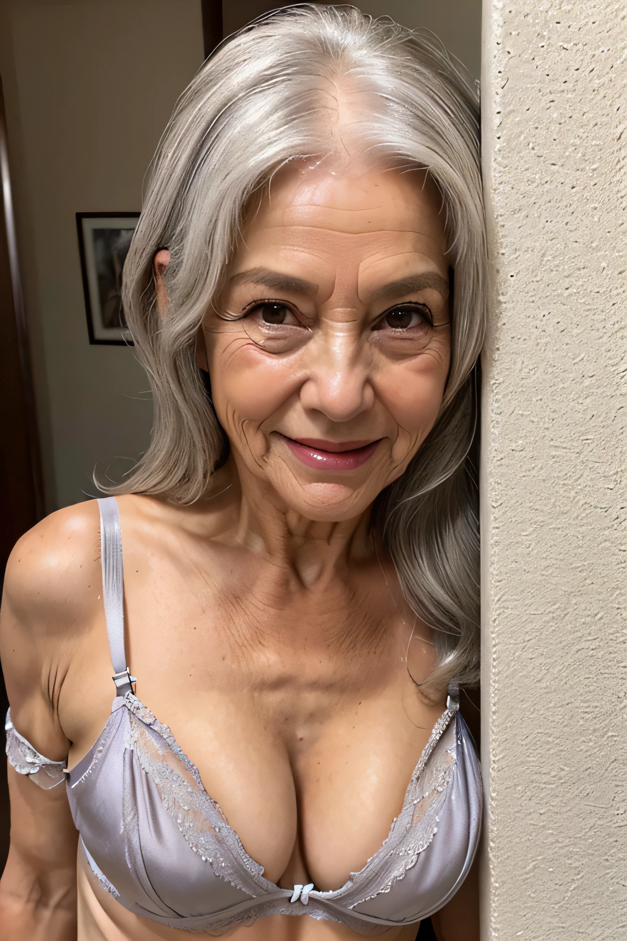 realistic,masterpiece,(65 years old:1.4),silver hair,(there are many wrinkles on her face:1.3),old woman,((Geraldine erotic lingerie)),smile,sexy posing,beautiful hip,wave hair,erotic face,Enhance,motel, ((Pussy slit))