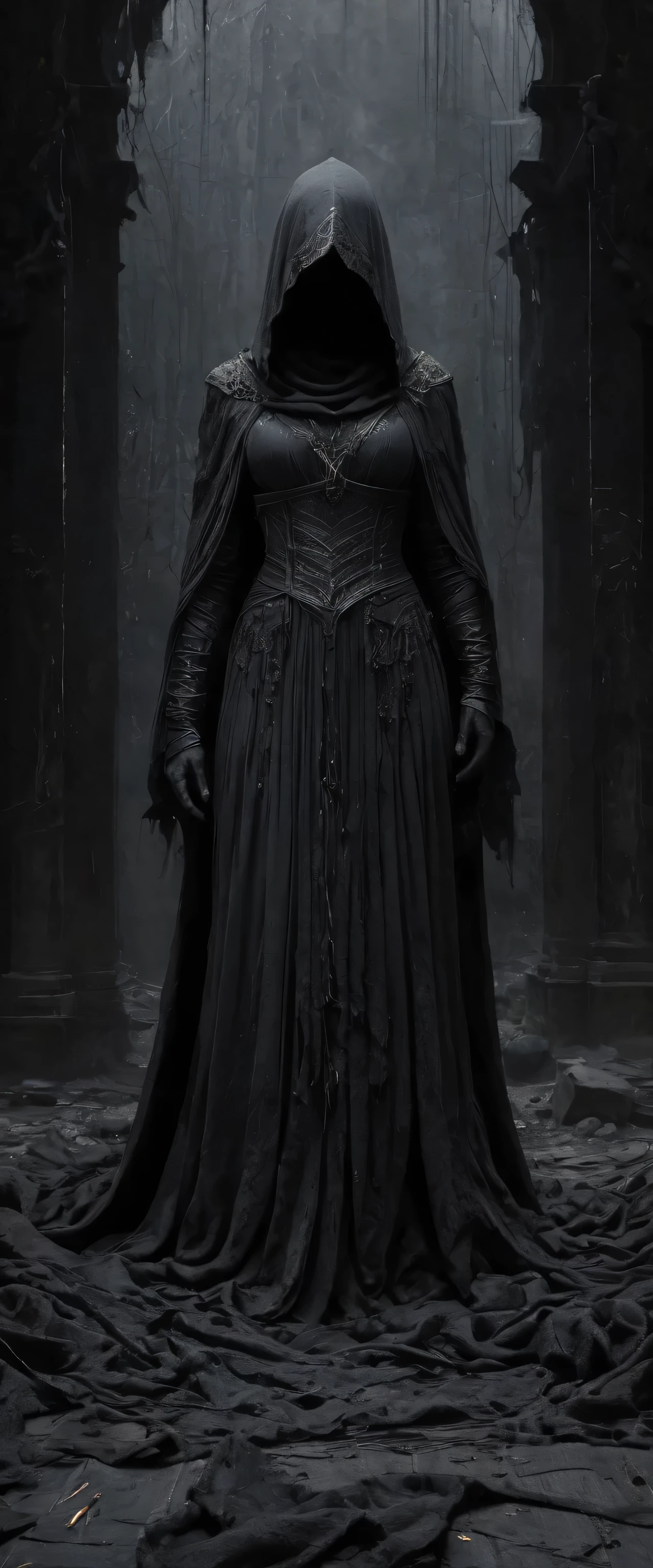 Completely black screen, absolutely nothing, pure black, detailed, but the Pythia rises from the shadows, her form cloaked in tattered rags of ashen gray, each thread whispering tales of forgotten sorrow, FastNegativeV2, gloom