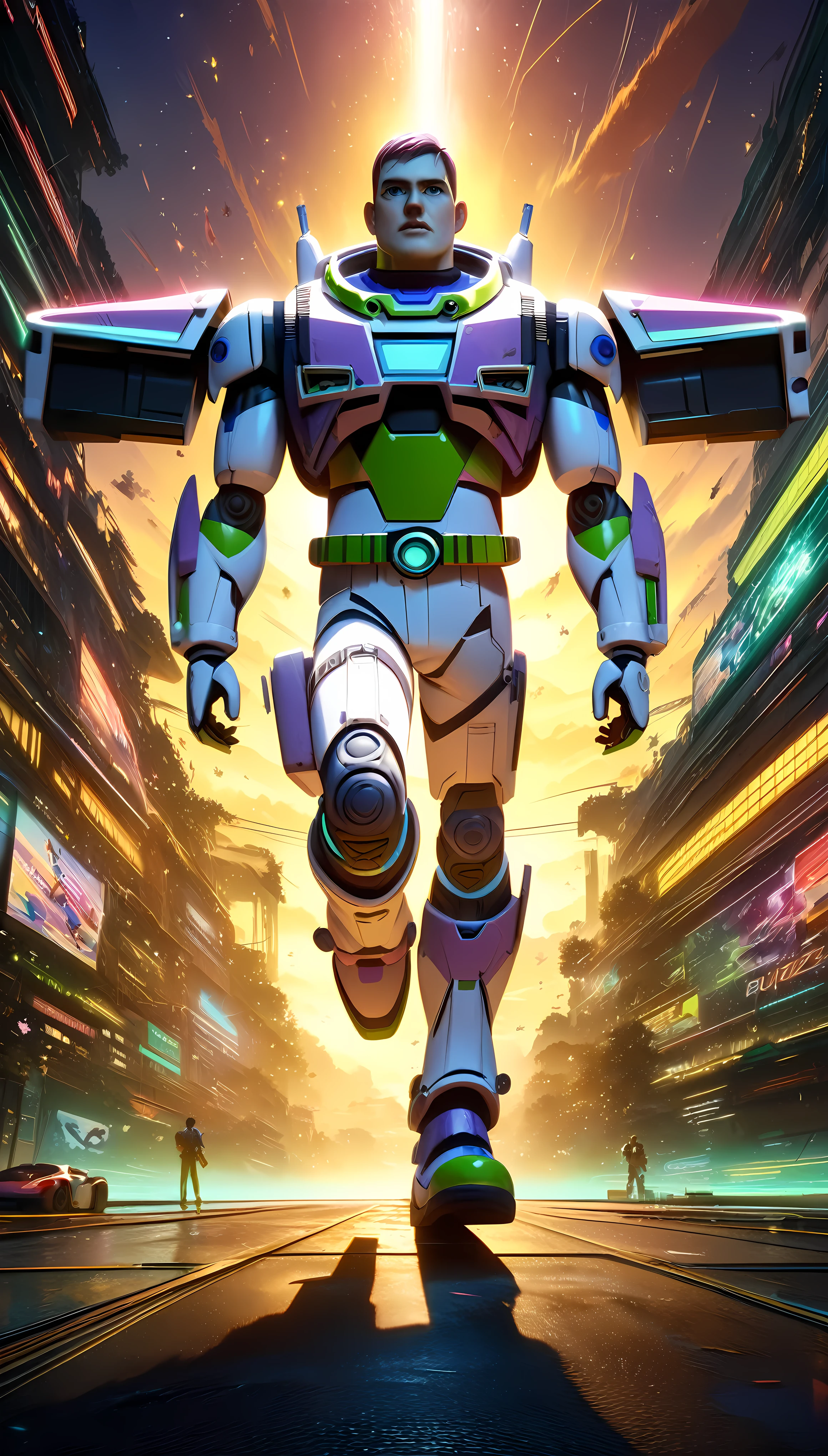 ((Masterpiece in maximum 16K resolution):1.2), ((anime illustration:)1.2), ((Toy story anime):1.2), ((Cyberpunk style):1.1) | ((Anime art of Buzz Lightyear in action:1.5), ((Toy Story Anime):1.1), ((Cyberpunk style):1.1), ((sense of action):1.1), (shimmer), (visual experience), (Action Anime), award-winning graphics, official anime art, extremely detailed, Digital Art, rtx, Unreal Engine, scene concept anti glare effect, All captured with sharp focus. Rendered in ultra-high definition with UHD and retina quality, this masterpiece ensures anatomical correctness and textured skin with super detail. With a focus on high quality and accuracy, this award-winning portrayal captures every nuance in stunning 16k resolution, immersing viewers in its lifelike depiction. Avoid extreme angles or exaggerated expressions to maintain realism. ((perfect_composition, perfect_design, perfect_layout, perfect_detail, ultra_detailed)), ((enhance_all, fix_everything)), More Detail, Enhance.