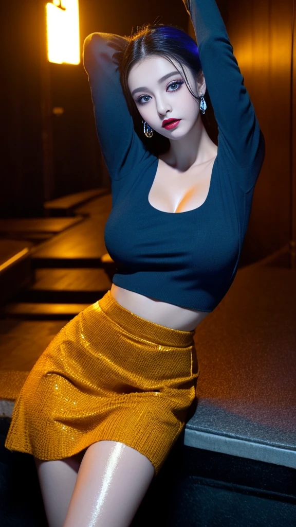 Cinema Lighting、(Key Light:Front 45 degree angle, Subsidy light、Backlight、Shadow、Blue and orange color palette), Accurate human body、Someone knowledgeable、Correct five-finger、RAW Photos、4K - ultra-vivid、highest quality, masterpiece, Ultra-high resolution, (reality: 1.4),
(((Oilskin,Glowing Skin、Realistic skin texture、Beautiful skin in every detail、Shiny skin、Shiny skin)))、
Beautiful youth, 19-year-old girl, 魅力的なgirl, クールなgirl、girl、mini skirt、Black Mask、((赤いHeavy makeup))、((Big Breasts)) 、 girl1人, Purple eyes, Off-the-shoulder sweater dress, Cinema Lighting、purple and black hair、(Mine girl、Goth Makeup、My Makeup)、(Earrings、Big Breasts、An oversized black t-shirt with open shoulders、ダークmini skirt)、((Heavy makeup、Oilskin,Glowing Skin、Realistic skin texture、Fine and beautiful skin、Shiny skin)), Dark downtown at night、Kabukicho、Dark Cyberpunk、(Full Shot:1.8)、Thin legs、Thin arms、Narrow shoulders、Narrow waist、Slender body、Big Breasts、whole body