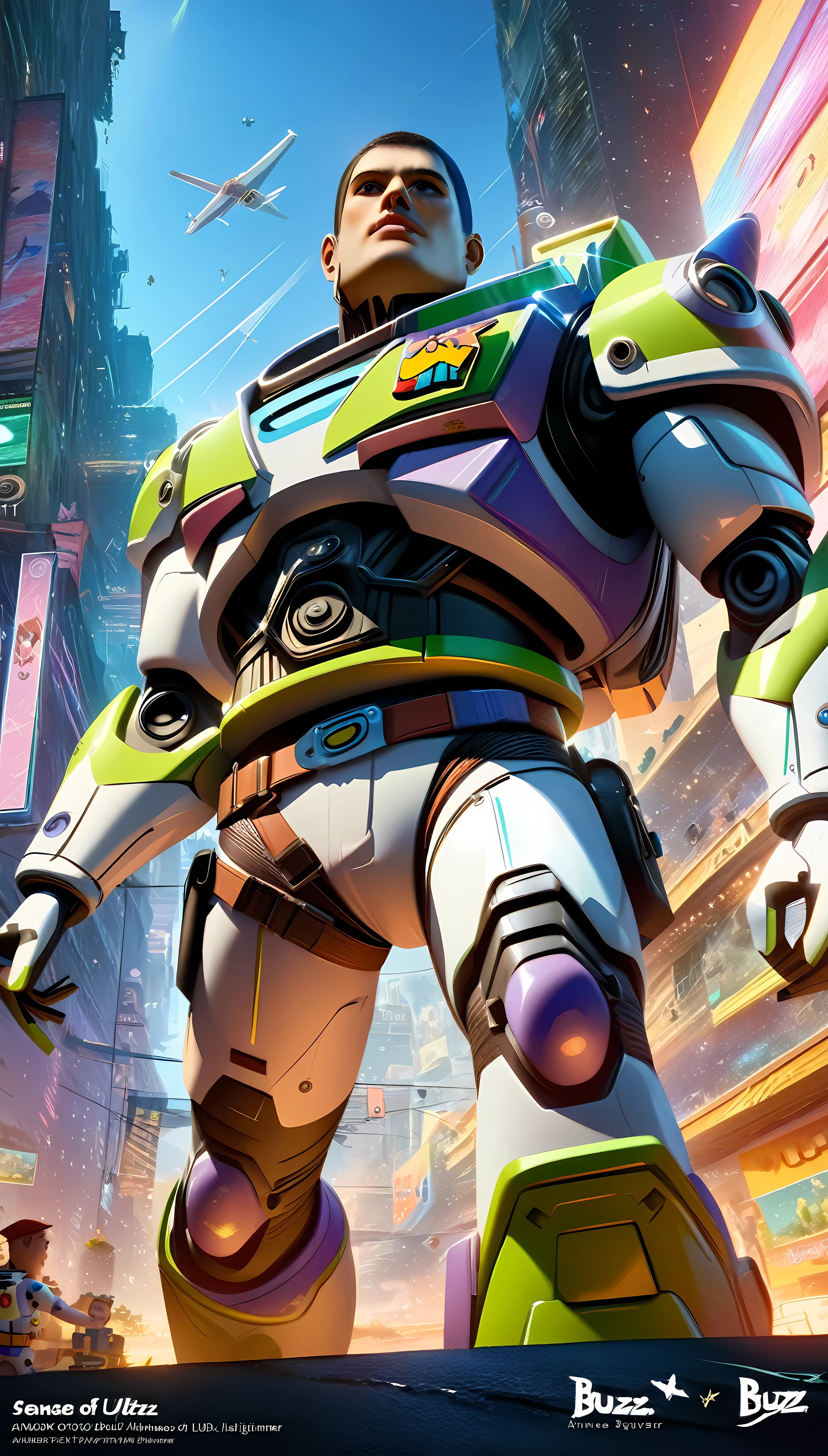 ((Masterpiece in maximum 16K resolution):1.2), ((anime illustration:)1.2), ((Toy story anime):1.2), ((Cyberpunk style):1.1) | ((Anime art of Buzz Lightyear in action:1.5), ((Toy Story Anime):1.1), ((Cyberpunk style):1.1), ((sense of action):1.1), (shimmer), (visual experience), (Realism), (Realistic), award-winning graphics, official anime art, extremely detailed, Digital Art, rtx, Unreal Engine, scene concept anti glare effect, All captured with sharp focus. Rendered in ultra-high definition with UHD and retina quality, this masterpiece ensures anatomical correctness and textured skin with super detail. With a focus on high quality and accuracy, this award-winning portrayal captures every nuance in stunning 16k resolution, immersing viewers in its lifelike depiction. Avoid extreme angles or exaggerated expressions to maintain realism. ((perfect_composition, perfect_design, perfect_layout, perfect_detail, ultra_detailed)), ((enhance_all, fix_everything)), More Detail, Enhance.