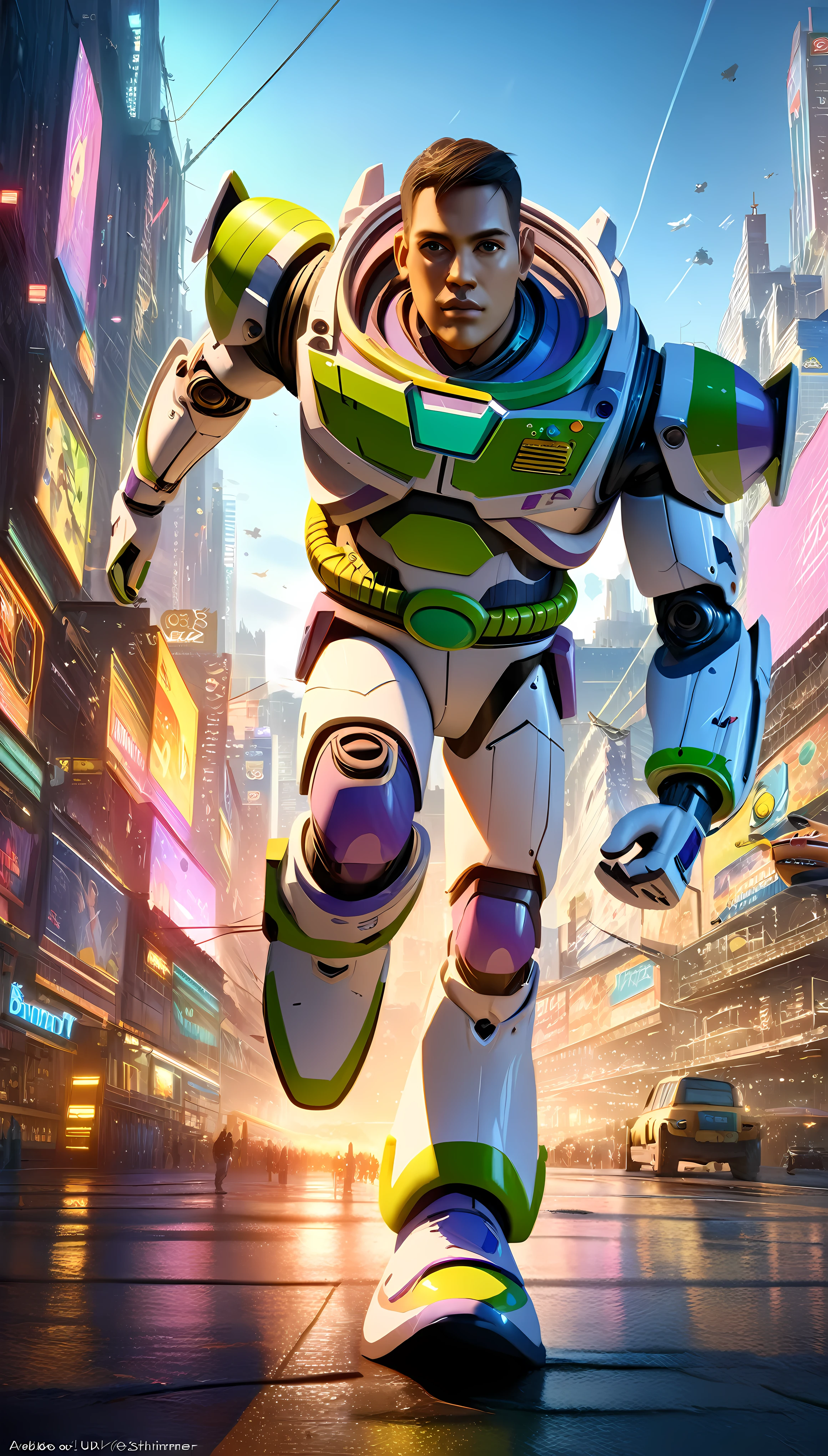 ((Masterpiece in maximum 16K resolution):1.2), ((anime illustration:)1.2), ((Toy story anime):1.2), ((Cyberpunk style):1.1) | ((Anime art of Buzz Lightyear in action:1.5), ((Toy Story Anime):1.1), ((Cyberpunk style):1.1), ((sense of action):1.1), (shimmer), (visual experience), (Realism), (Realistic), award-winning graphics, official anime art, extremely detailed, Digital Art, rtx, Unreal Engine, scene concept anti glare effect, All captured with sharp focus. Rendered in ultra-high definition with UHD and retina quality, this masterpiece ensures anatomical correctness and textured skin with super detail. With a focus on high quality and accuracy, this award-winning portrayal captures every nuance in stunning 16k resolution, immersing viewers in its lifelike depiction. Avoid extreme angles or exaggerated expressions to maintain realism. ((perfect_composition, perfect_design, perfect_layout, perfect_detail, ultra_detailed)), ((enhance_all, fix_everything)), More Detail, Enhance.