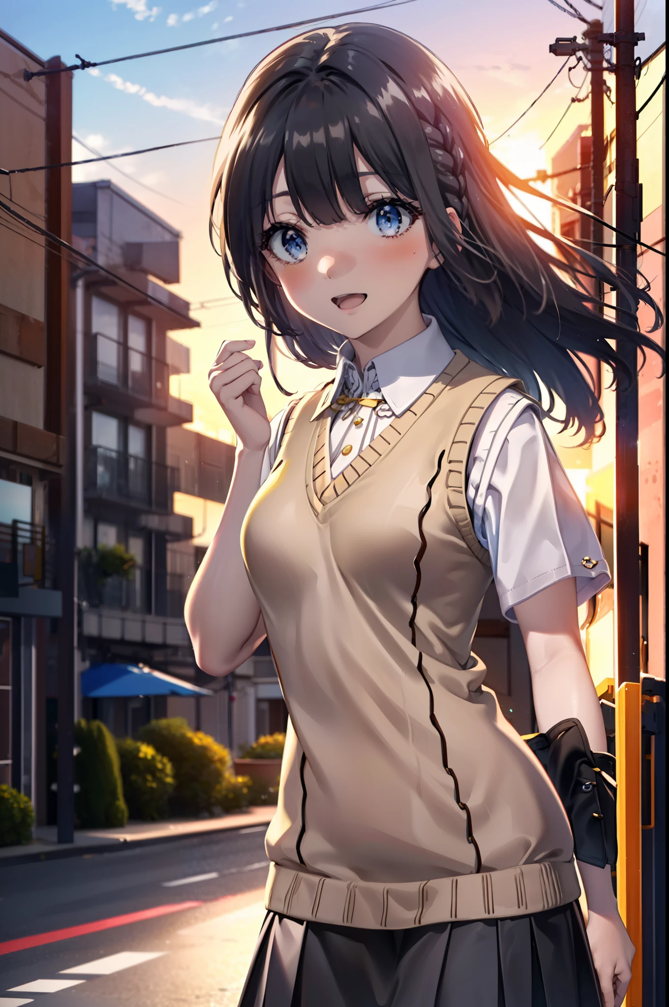 shoukomakinohara, shouko makinohara, Long Hair, blue eyes, Black Hair, Braiding, happy smile, smile, Open your mouth,
break skirt, shirt, , white shirt, Short sleeve, Pleated skirt, collared shirt, White pantyhose,(Black Skirt:1.5), Brown loafers,Sweater vest, (yellow Sweater vest:1.5),morning,morning陽,The sun is rising,Walking,whole bodyがイラストに入るように,Looking up from below,
break outdoors, In town,Building district,
break looking at viewer, whole body,
break (masterpiece:1.2), highest quality, High resolution, unity 8k wallpaper, (figure:0.8), (Beautiful fine details:1.6), Highly detailed face, Perfect lighting, Highly detailed CG, (Perfect hands, Perfect Anatomy),