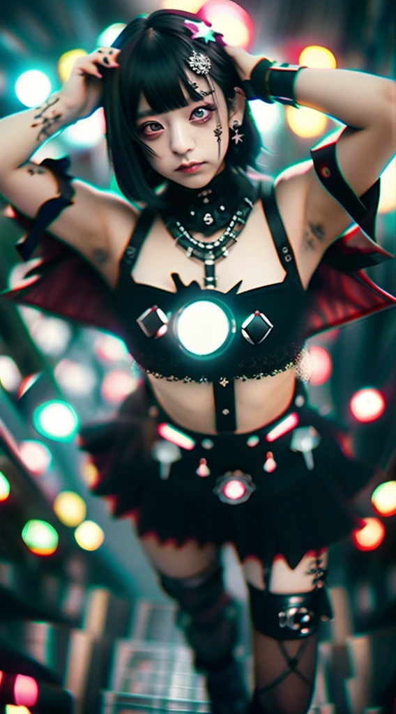 Goth_punk, One Girl, solo, Medium Shot, Walking around Harajuku, ((at night)), Bokeh Depth of Field, Neon Light, Rainbow Eyes, Starry Sky, Black shimmering hair, Black eyebrows, Shiny Hair, (Iridescent white hair), Earrings, Bans, gem, mask, Blunt bangs, Red eyes, 口mask, Blurred背景, Blurred, hair ornaments, Look at the viewers, short hair, Portraiture, Side Lock