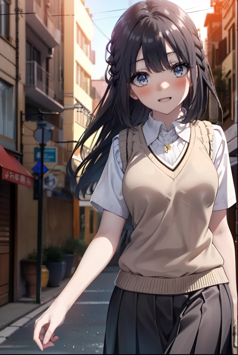 shoukomakinohara, shouko makinohara, Long Hair, blue eyes, Black Hair, Braiding, happy smile, smile, Open your mouth,
break skirt, shirt, , white shirt, Short sleeve, Pleated skirt, collared shirt, White pantyhose,(Black Skirt:1.5), Brown loafers,Sweater vest, (yellow Sweater vest:1.5),morning,morning陽,The sun is rising,Walking,whole bodyがイラストに入るように,Looking up from below,
break outdoors, In town,Building district,
break looking at viewer, whole body,
break (masterpiece:1.2), highest quality, High resolution, unity 8k wallpaper, (figure:0.8), (Beautiful fine details:1.6), Highly detailed face, Perfect lighting, Highly detailed CG, (Perfect hands, Perfect Anatomy),