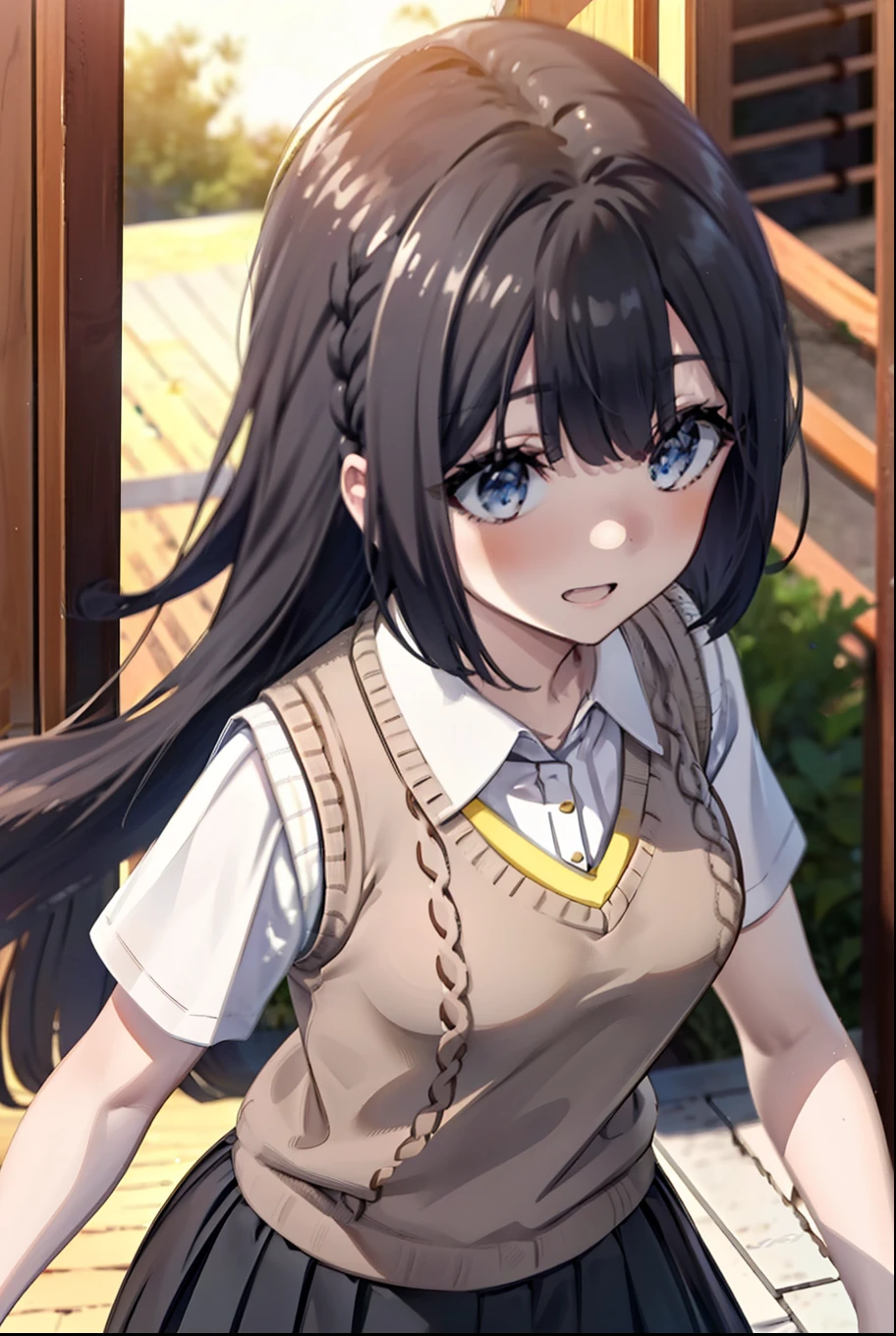 shoukomakinohara, shouko makinohara, Long Hair, blue eyes, Black Hair, Braiding, happy smile, smile, Open your mouth,
break skirt, shirt, , white shirt, Short sleeve, Pleated skirt, collared shirt, White pantyhose,(Black Skirt:1.5), Brown loafers,Sweater vest, (yellow Sweater vest:1.5),morning,morning陽,The sun is rising,Walking,whole bodyがイラストに入るように,Looking up from below,
break outdoors, In town,Building district,
break looking at viewer, whole body,
break (masterpiece:1.2), highest quality, High resolution, unity 8k wallpaper, (figure:0.8), (Beautiful fine details:1.6), Highly detailed face, Perfect lighting, Highly detailed CG, (Perfect hands, Perfect Anatomy),