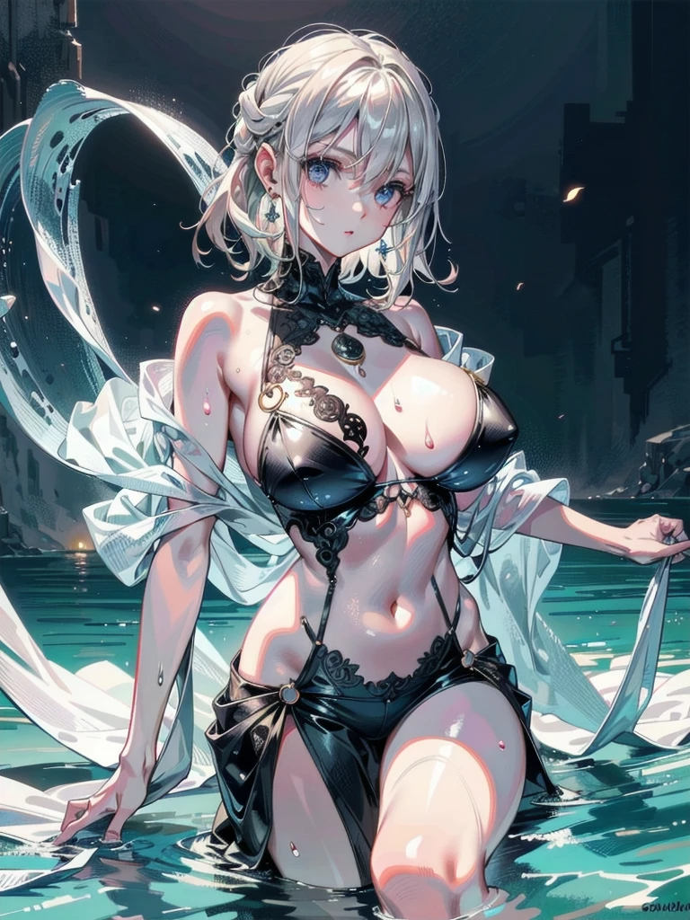 extremely delicate and beautiful, masterpiece, Best Quality, ultra high resolution, 16k, (Photorealistic), ultra-detailed, Very detailed CG 8k wallpaper, Beautiful Lighting, Perfect Lightning, Realistic Shadows, (anatomically correct:1.3), Detailed shiny skin, Latino, late 20s, (Slim body), (Slim abdomen), (small head), handsome detailed woman, very detailed eyes and face, realistic face proportions, Stunning detailed eyes, Realistic small beautiful face, Realistic small beautiful eyes, double eyelids, makeup, tearful mole, mole on chest, earring, full body shot, (huge round breasts:1.4), cleavage, Soft midriff, Fine Collarbone, beautiful and very thin legs, beautiful and very thin thighs, bare shoulders, bare legs, (wet:1.3), (short wavy white bronze hair:1.1), (Summer outfit),