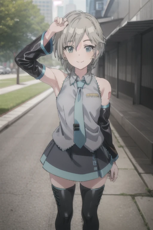 (((pixel-perfect, detail-perfect))), solo, 1girl, anastasia, miku outfit, sleeveless shirt, grey shirt, detached sleeves, necktie, arm tattoo, skirt, thighhighs, thigh boots, smile, looking at viewer