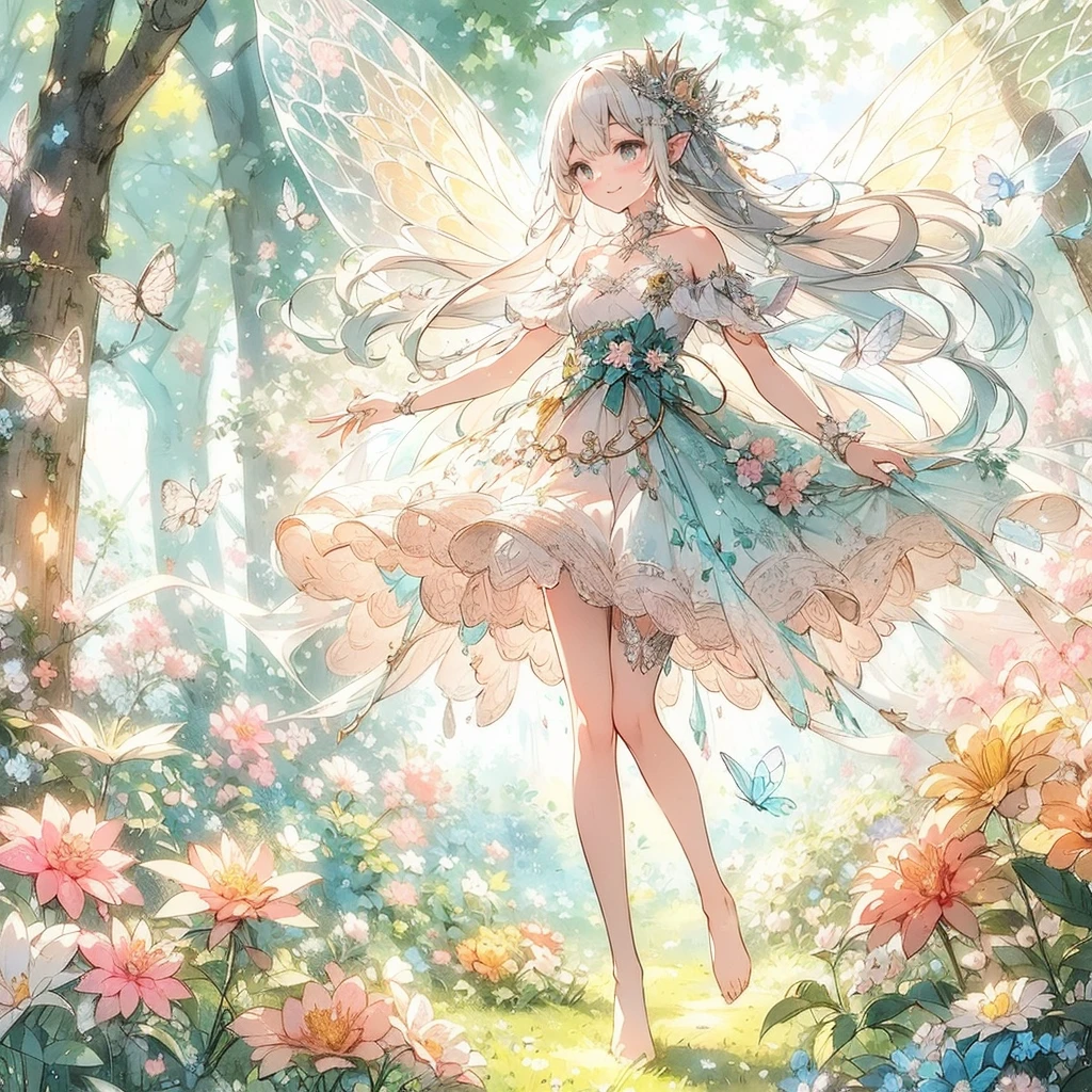 (Exquisite, beautiful, Very detailed, masterpiece, High resolution,high quality,High resolution), (Exquisite, beautiful, Very detailed, masterpiece, high quality,High resolution),(Well-formed face,Soft and thin lines: 1.2, Beautiful and delicate illustrations with a mature and transparent feel, Pixiv-inspired anime illustration,Cute pastel-colored girl-style illustrations that are going viral among Japanese people on Twitter),  A fairy with a delicate face and a transparent look on the tree々が生い茂り花が咲いている幻想的でbeautifulな妖精の森の中を歩いている,front,Whole body,whole body),(Transparent fairy wings grow from your back), (smile), (Tiara, earrings and choker),(Ball gown dress with balloon sleeves decorated with ribbons, lace and frills), (Pale pink blush, Plump pink lips,Large Bust,Fair skin, Good style),Bright colors,Eye-catching colors,Dynamic Angles,watercolor style,Beautiful and fantastic forest