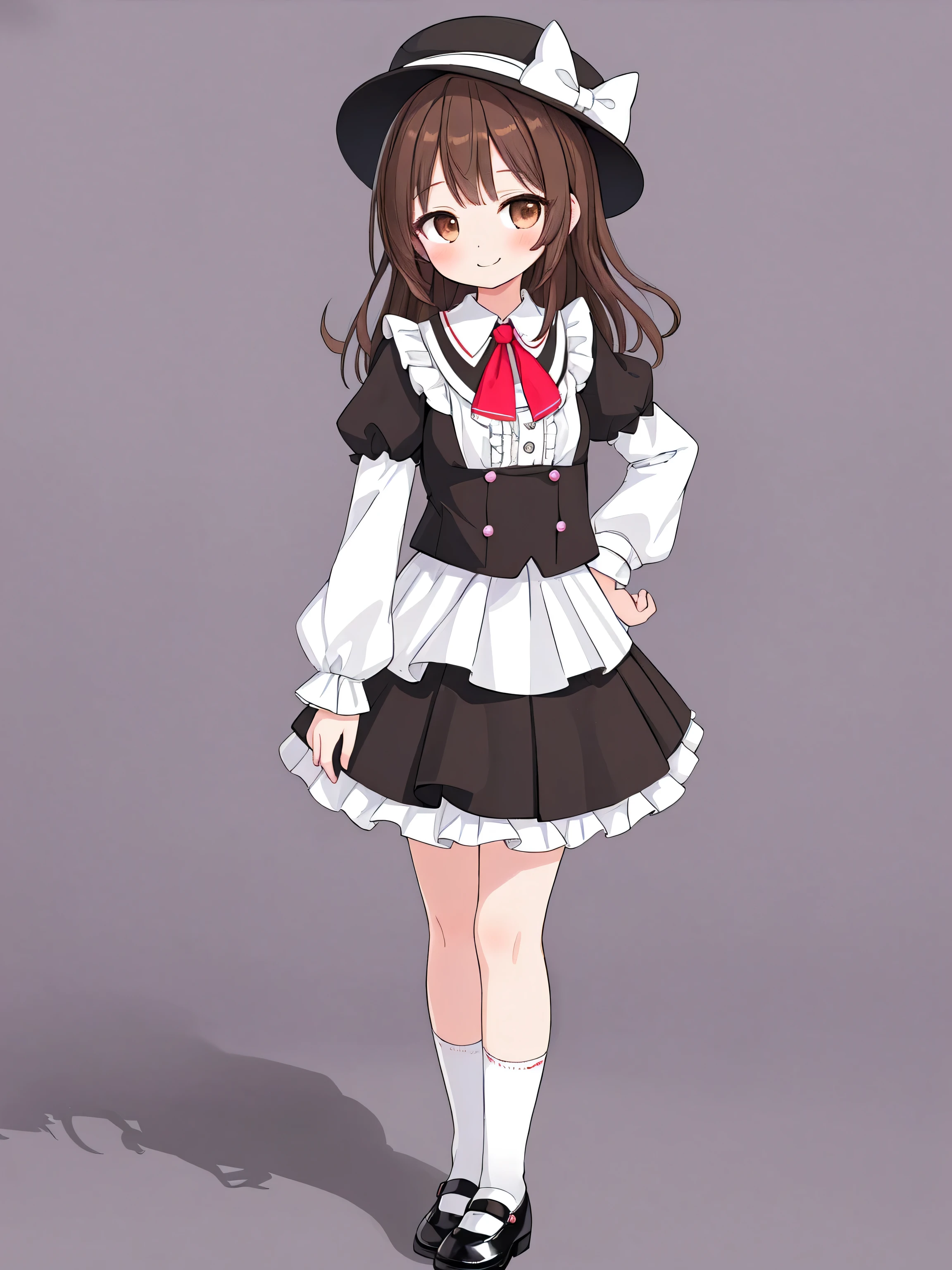 masterpiece, top quality, super detailed, CG illustration, high resolution, better lighting, best shadows, very delicate and beautiful, proper shading, hd, 8k,usami renko, 1girl, solo, looking at viewer, smile, skirt, simple background, brown hair, shirt, long sleeves, hat, white background, bow, brown eyes, closed mouth, standing, full body, white shirt, hair bow, frills, necktie, shoes, socks, puffy sleeves, collared shirt, black skirt, black footwear, hand on hip, black headwear, parody, frilled skirt, white socks, juliet sleeves, red necktie, hat bow, long skirt, style parody, bobby socks, fedora, alphes (style)