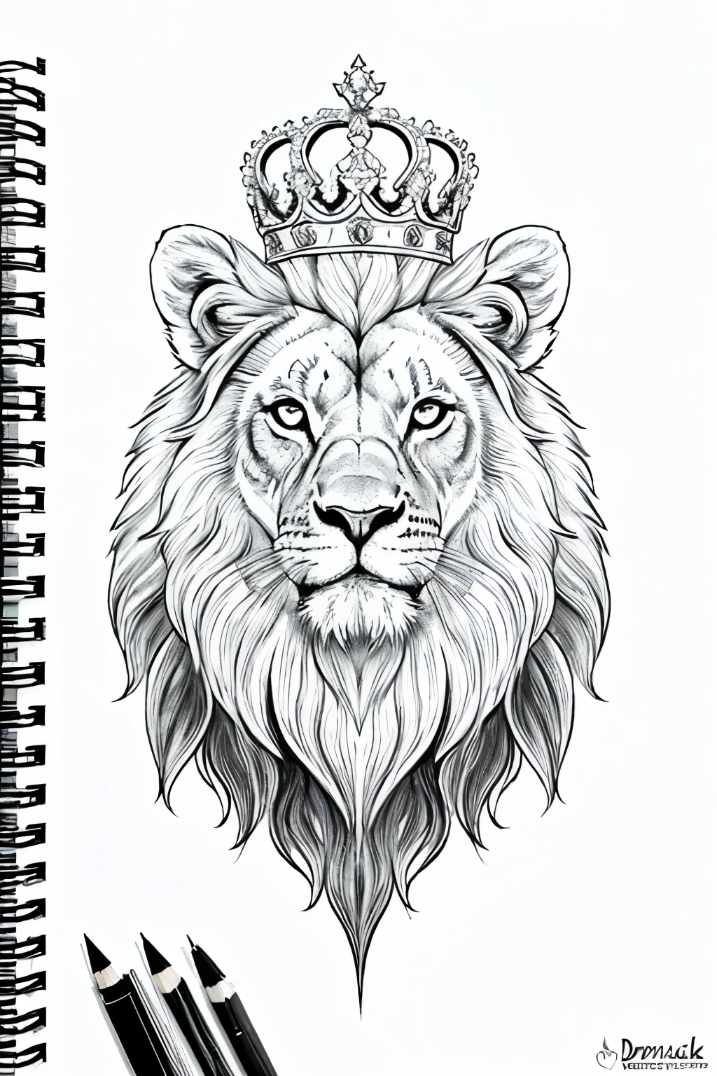 drawing of a full-length lion with a crown on its head, desenho de tatuagem de realismo, desenho de tatuagem de realismo, desenho detalhado em preto e branco, desenho de tatuagem de realismo, high quality sketch art, extremely detailed and sharp, belos animais detalhados, lindo estilo de desenho, Hyper - tattoo sketch realista, preto e branco realista, very sharp and detailed, wild pencil style, tattoo sketch, desenho preto e branco