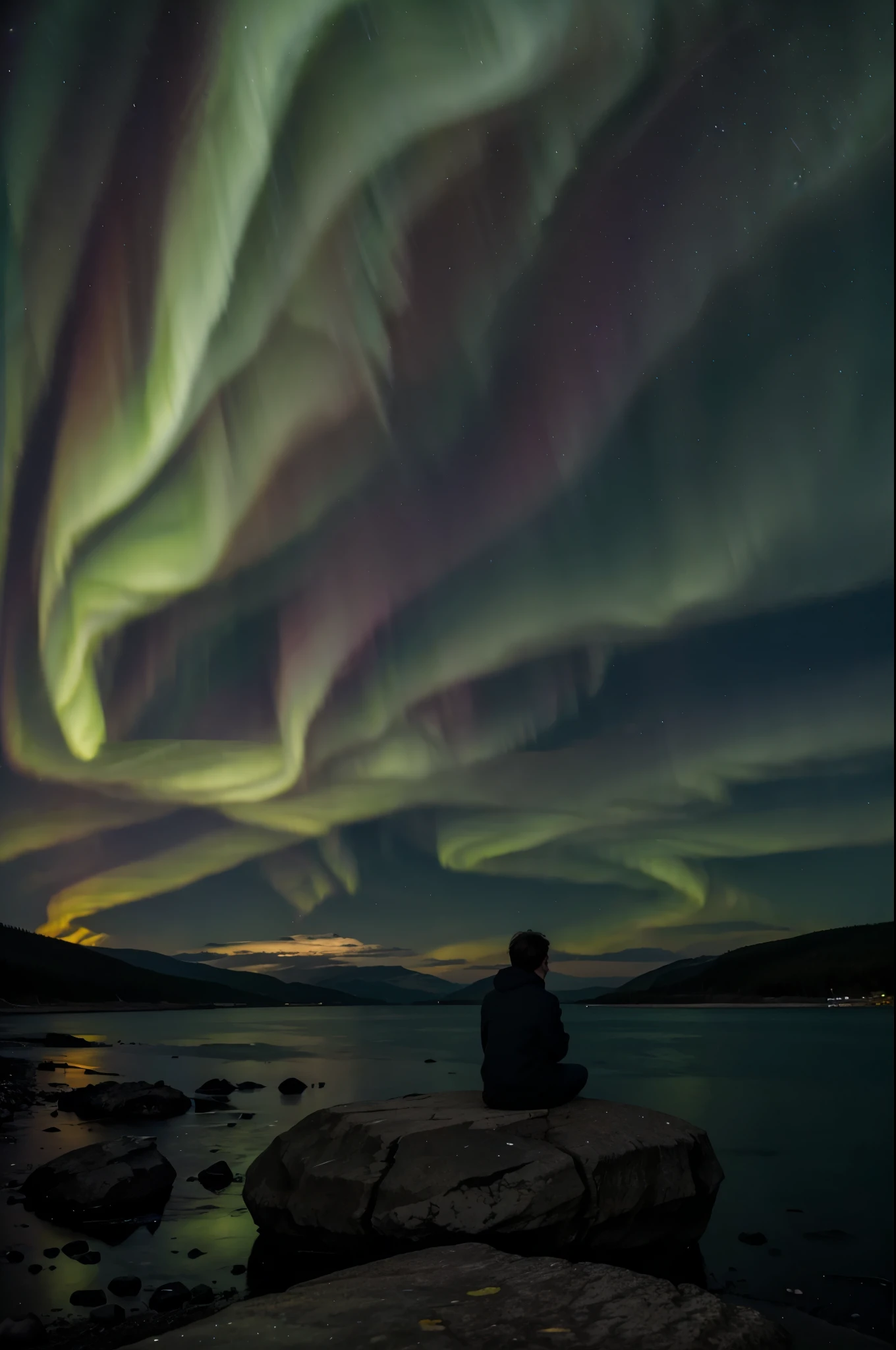 Pessoa meditando. Beautiful landscape with aurora borealis in the sky