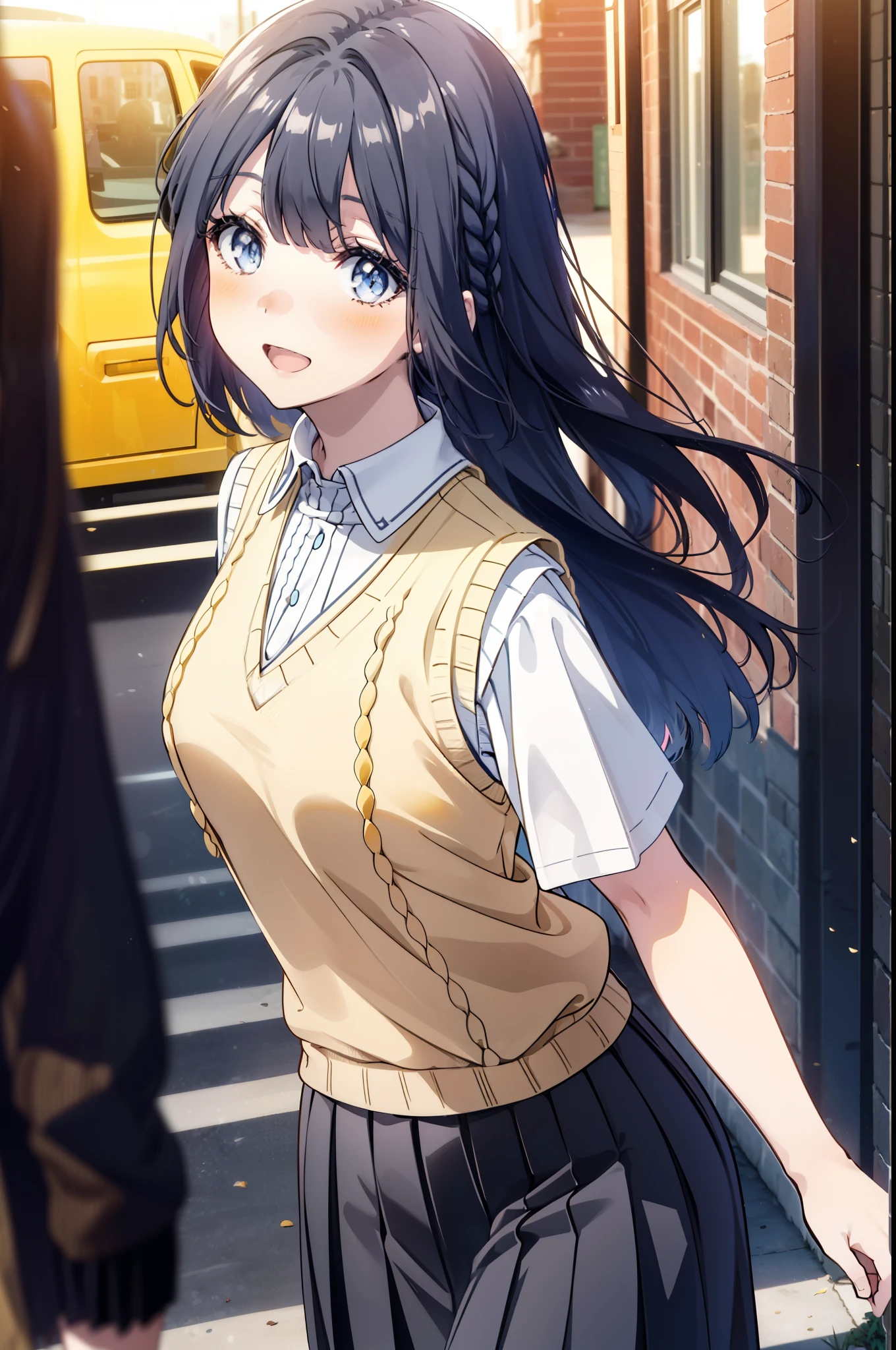 shoukomakinohara, shouko makinohara, Long Hair, blue eyes, Black Hair, Braiding, happy smile, smile, Open your mouth,
break skirt, shirt, , white shirt, Short sleeve, Pleated skirt, collared shirt, White pantyhose,(Black Skirt:1.5), Brown loafers,Sweater vest, (yellow Sweater vest:1.5),morning,morning陽,The sun is rising,Walking,whole bodyがイラストに入るように,Looking up from below,
break outdoors, In town,Building district,
break looking at viewer, whole body,(Cowboy Shot:1. 5)
break (masterpiece:1.2), highest quality, High resolution, unity 8k wallpaper, (figure:0.8), (Beautiful fine details:1.6), Highly detailed face, Perfect lighting, Highly detailed CG, (Perfect hands, Perfect Anatomy),