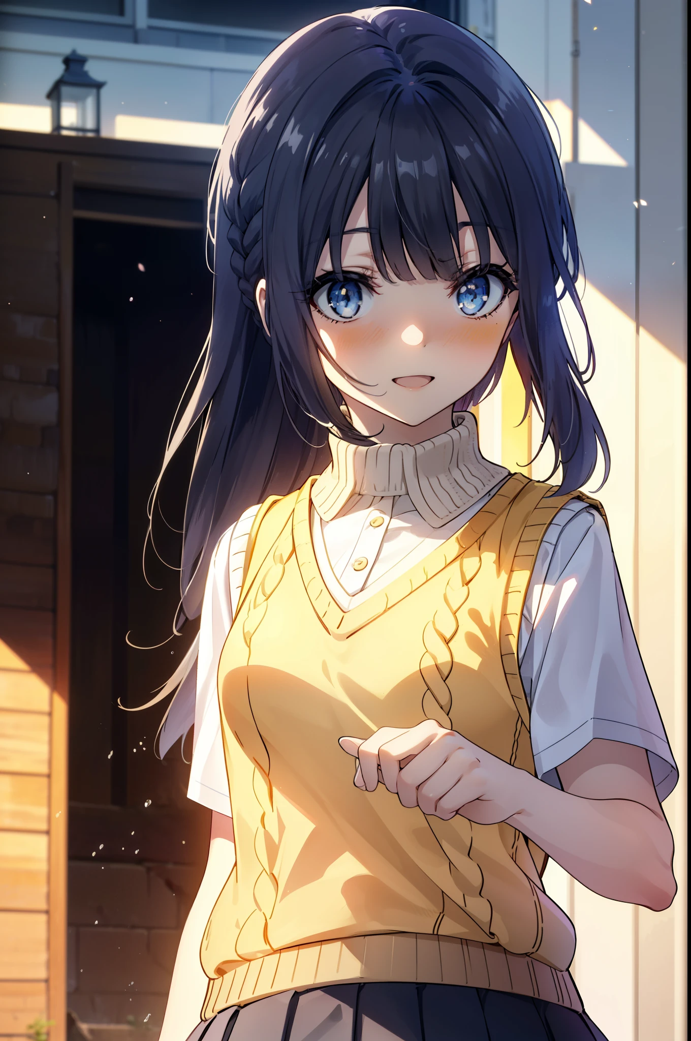 shoukomakinohara, shouko makinohara, Long Hair, blue eyes, Black Hair, Braiding, happy smile, smile, Open your mouth,
break skirt, shirt, , white shirt, Short sleeve, Pleated skirt, collared shirt, White pantyhose,(Black Skirt:1.5), Brown loafers,Sweater vest, (yellow Sweater vest:1.5),morning,morning陽,The sun is rising,Walking,whole bodyがイラストに入るように,Looking up from below,
break outdoors, In town,Building district,
break looking at viewer, whole body,(Cowboy Shot:1. 5)
break (masterpiece:1.2), highest quality, High resolution, unity 8k wallpaper, (figure:0.8), (Beautiful fine details:1.6), Highly detailed face, Perfect lighting, Highly detailed CG, (Perfect hands, Perfect Anatomy),