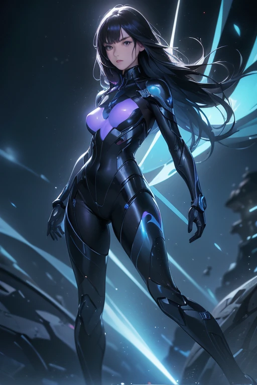 (((best quality,realistic:1.37))), (solo female), ((full-body)), long black hair, light blue eyes, emotionless expression, perfect face, purple+black+yellow bodysuit armor, amber glowing parts, sci-fi style, vibrant colors, futuristic lighting, detailed hair strands, metallic texture, sleek design, dynamic pose