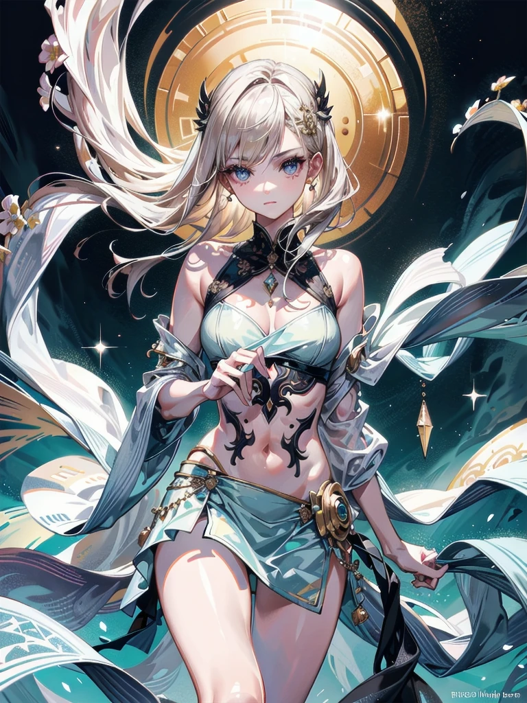 extremely delicate and beautiful, masterpiece, Best Quality, ultra high resolution, 16k, Photorealistic, ultra-detailed, Very detailed CG 8k wallpaper, Beautiful Lighting, Perfect Lightning, Realistic Shadows, anatomically correct, Detailed shiny skin, Latino, late 20s, Slim body, Slim abdomen, small head, handsome detailed woman, very detailed eyes and face, realistic face proportions, Stunning detailed eyes, Realistic small beautiful face, Realistic small beautiful eyes, double eyelids, makeup, tearful mole, mole on chest, earring, full body shot, huge round breasts, cleavage, Soft midriff, Fine Collarbone, beautiful and very thin legs, beautiful and very thin thighs, bare shoulders, bare legs, wet, short wavy white bronze hair, Summer outfit,