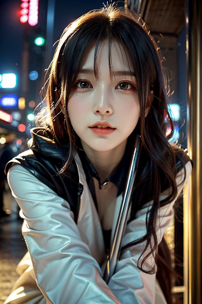 One beautiful girl, Very beautiful detailed face、 Symmetrical black eyes), Hime cut hair, (Beautiful Face:1.2), high quality, Realistic, Very detailed CG unified 8k dendenden wallpaper, Very detailed, High resolutionの生のカラー写真, Professional photography, Realistic portrait, Cinematic Light, Beautiful details, Super detailed, Attention to detail, Depth of written boundary, Semi-long hair、(Thighs Thighs Thighs Thighs、Beautiful feet)、barefoot、 Very beautiful detailed face, (KPOP idol faces),(最high quality, 4K, 8k, High resolution, Tabletop:1.2), Super detailed, (Realistic, Realistic, Photorealistic:1.37), (Beautiful details eyes, Beautiful details lips, Very detailed目と顔), (big , Super huge , Attractive body), ((Black leather clothing、Long black leather coat)),(Long black straight hair, Shiny Hair, Shiny skin), (Holding a weapon in hand)、((Sharp Eyed Night Cyberpunk City)、(pointing weapon at the viewer)、(Midnight City)、Midnight City、leather thimble gloves、dark、(Holding a sword)、(Assassin's Clothing)