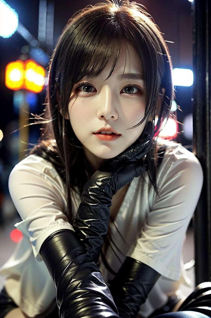 One beautiful girl, Very beautiful detailed face、 Symmetrical black eyes), Hime cut hair, (Beautiful Face:1.2), high quality, Realistic, Very detailed CG unified 8k dendenden wallpaper, Very detailed, High resolutionの生のカラー写真, Professional photography, Realistic portrait, Cinematic Light, Beautiful details, Super detailed, Attention to detail, Depth of written boundary, Semi-long hair、(Thighs Thighs Thighs Thighs、Beautiful feet)、barefoot、 Very beautiful detailed face, (KPOP idol faces),(最high quality, 4K, 8k, High resolution, Tabletop:1.2), Super detailed, (Realistic, Realistic, Photorealistic:1.37), (Beautiful details eyes, Beautiful details lips, Very detailed目と顔), (big , Super huge , Attractive body), ((Black leather clothing、Long black leather coat)),(Long black straight hair, Shiny Hair, Shiny skin), (Holding a weapon in hand)、((Sharp Eyed Night Cyberpunk City)、(pointing weapon at the viewer)、(Midnight City)、Midnight City、leather thimble gloves、dark、(Holding a sword)、(Assassin's Clothing)