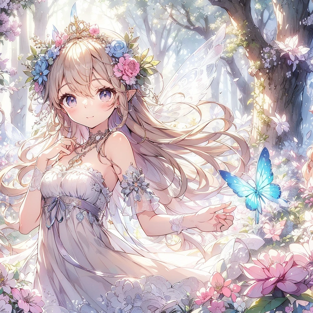 (Exquisite, beautiful, Very detailed, masterpiece, High resolution,high quality,High resolution), (Exquisite, beautiful, Very detailed, masterpiece, high quality,High resolution),(Well-formed face,Soft and thin lines: 1.2, Beautiful and delicate illustrations with a mature and transparent feel, Pixiv-inspired anime illustration,Cute pastel-colored girl-style illustrations that are going viral among Japanese people on Twitter), A fairy with a delicate face and a transparent look on the tree々I am walking through a beautiful, fantastical fairy forest with lush plants and blooming flowers.,front,Whole body,whole body),(Transparent fairy wings grow from your back), (smile), (Tiara, earrings and choker),(Ball gown dress with balloon sleeves decorated with ribbons, lace and frills), (Pale pink blush, Plump pink lips,Large Bust,Fair skin, Good style),Bright colors,Eye-catching colors,Dynamic Angles,watercolor style,Beautiful and fantastic forest