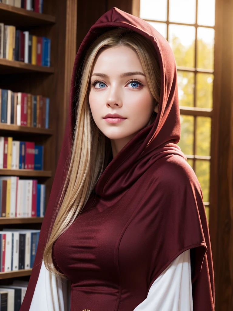 1 girl, wearing huge maroon hood up, (photo realistic:1.4), (hyper realistic:1.4), (realistic:1.3), (smoother lighting:1.05), (increase cinematic lighting quality:0.9), 32K, 1girl,20yo girl, realistic lighting, backlighting, light on face, ray trace, girl wearing a maroon off shoulder robe, wolf blonde hair with blue eyes, black corset, trimmed leg wear, huge maroon hood up, gorgeous face, high resolution, detailed face, not smiling, long hall library background, hair covering half of the face (brightening light:1.2), (Increase quality:1.4), (best quality real texture skin), finely detailed eyes, finely detailed face, (tired and sleepy and satisfied:0.0), face closeup, t-shirts, (Increase body line mood:1.1), shiny skin
