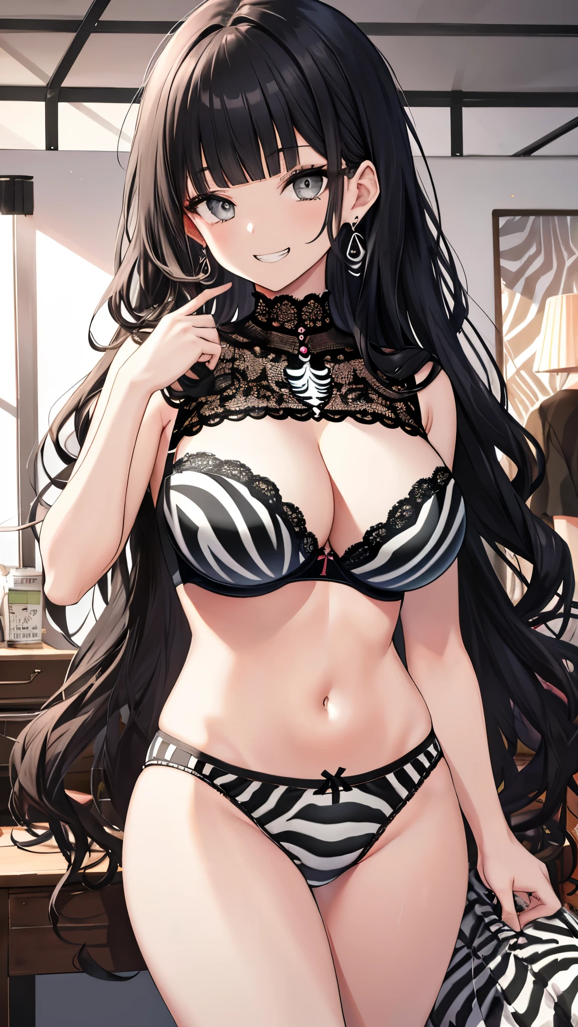 (8k、Best image quality、highest quality、masterpiece)、Detailed face、One girl、gyaru、Black Hair、((blunt bangs))、Long Wavy Hair、Grey Eyes、evil smile、((Grin))、、Earrings、((Very large breasts))、((zebra pattern bra))、((zebra pattern panties))、Cowboy Shot、Background of the dressing room
