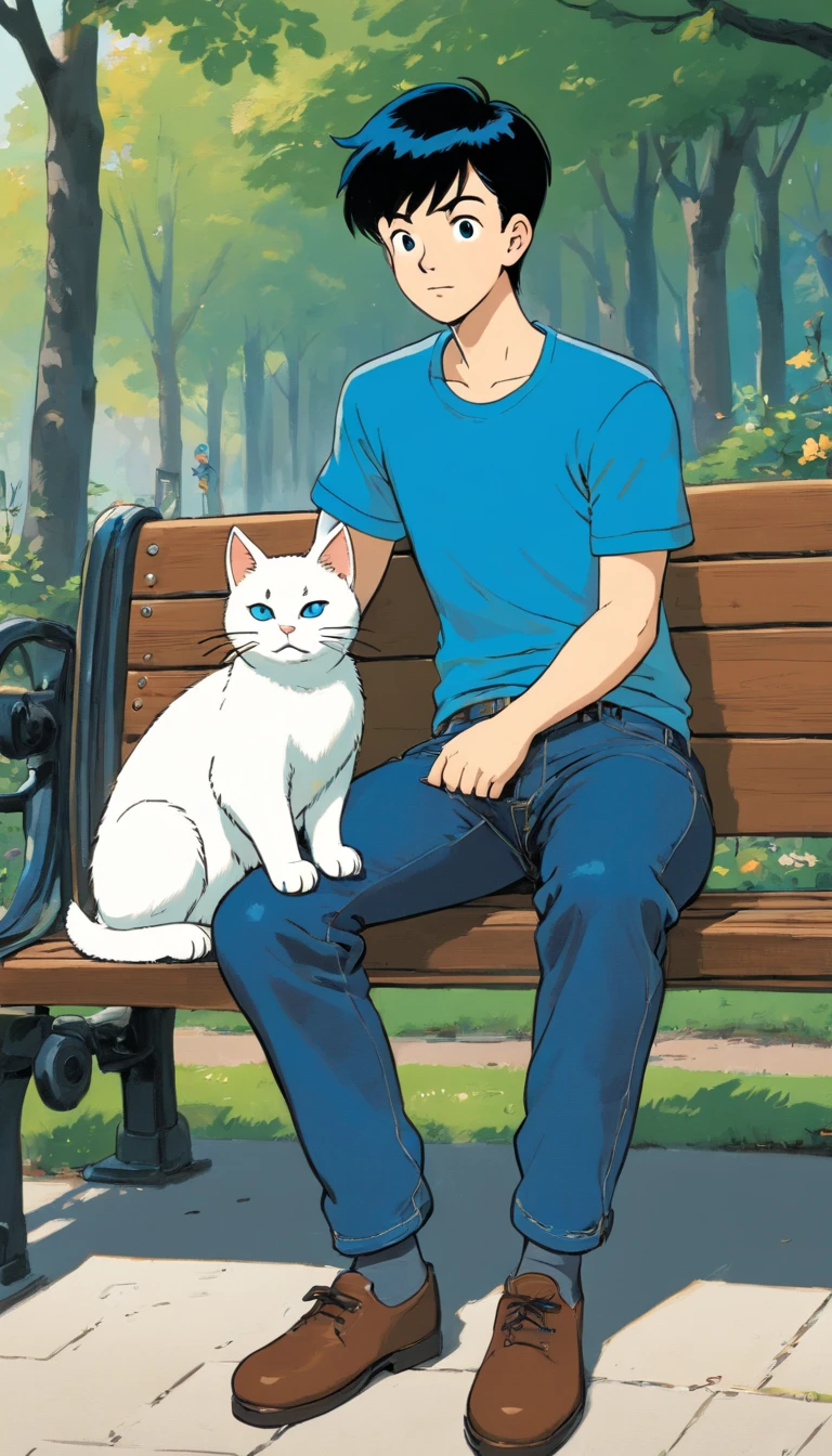Tintin, male wearing black t-shirt and blue blue denim pants, slick and neat short black hair, herge, european comics, sitting on a bench, Indonesian park, with blue eyes white cat
