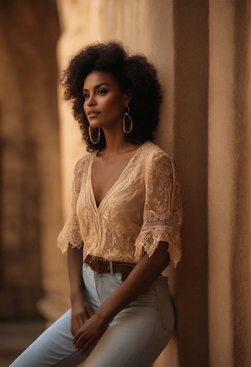 Mulher negra, cabelos crepo, wearing jeans and a beige lace blouse. Ela usa argolas
