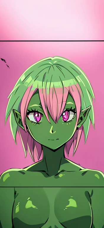 Anime cut goblin girl, green skin, pink hair, pink eyes