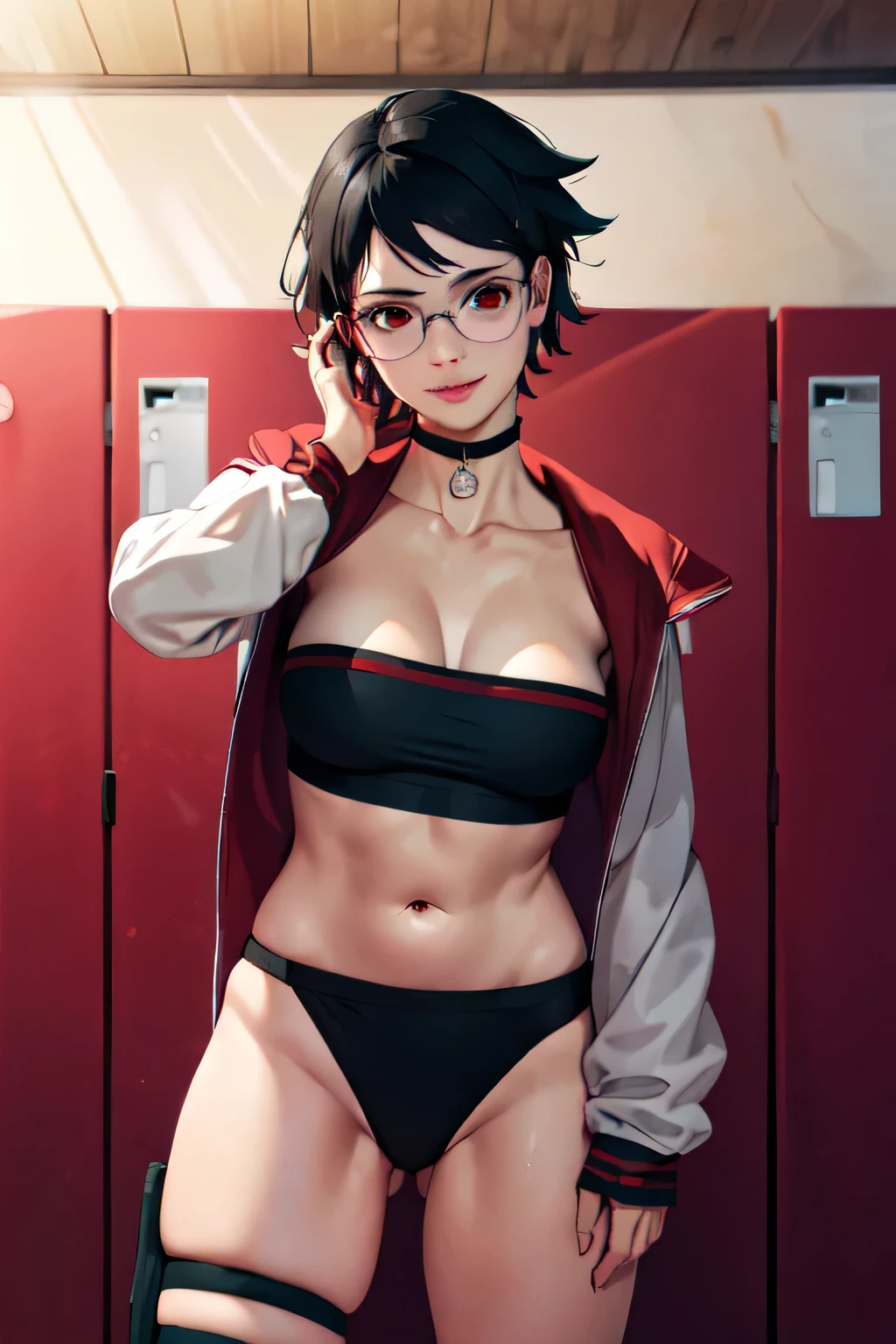 Sarada Uchiha, short black hair, red eyes, glasses, detailed face, perfect face, highly detailed eyes, masterpiece, absurdres , (intricate details), (colorful),cinematic lighting,extremely detailed CG unity 8k wallpaper , 1girl, solo,mature female,  looking at viewer, wet body, erected tits, sports bra, locker room, standing with spread legs and touching her tits, seductive smile