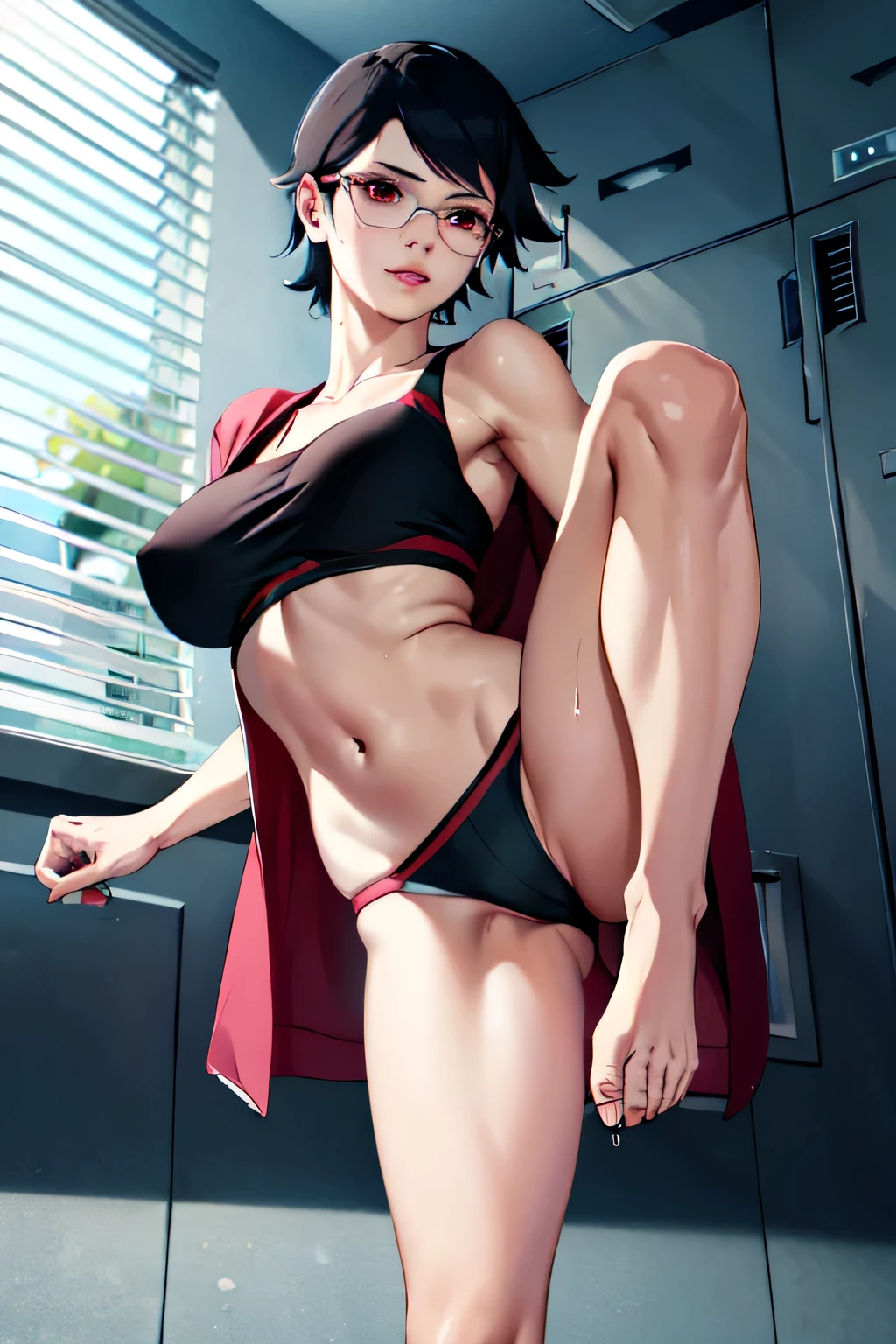 Sarada Uchiha, short black hair, red eyes, glasses, detailed face, perfect face, highly detailed eyes, masterpiece, absurdres , (intricate details), (colorful),cinematic lighting,extremely detailed CG unity 8k wallpaper , 1girl, solo,mature female, looking at viewer, wet body, erected tits, sports bra, locker room, standing with spread legs and touching her tits, seductive smile