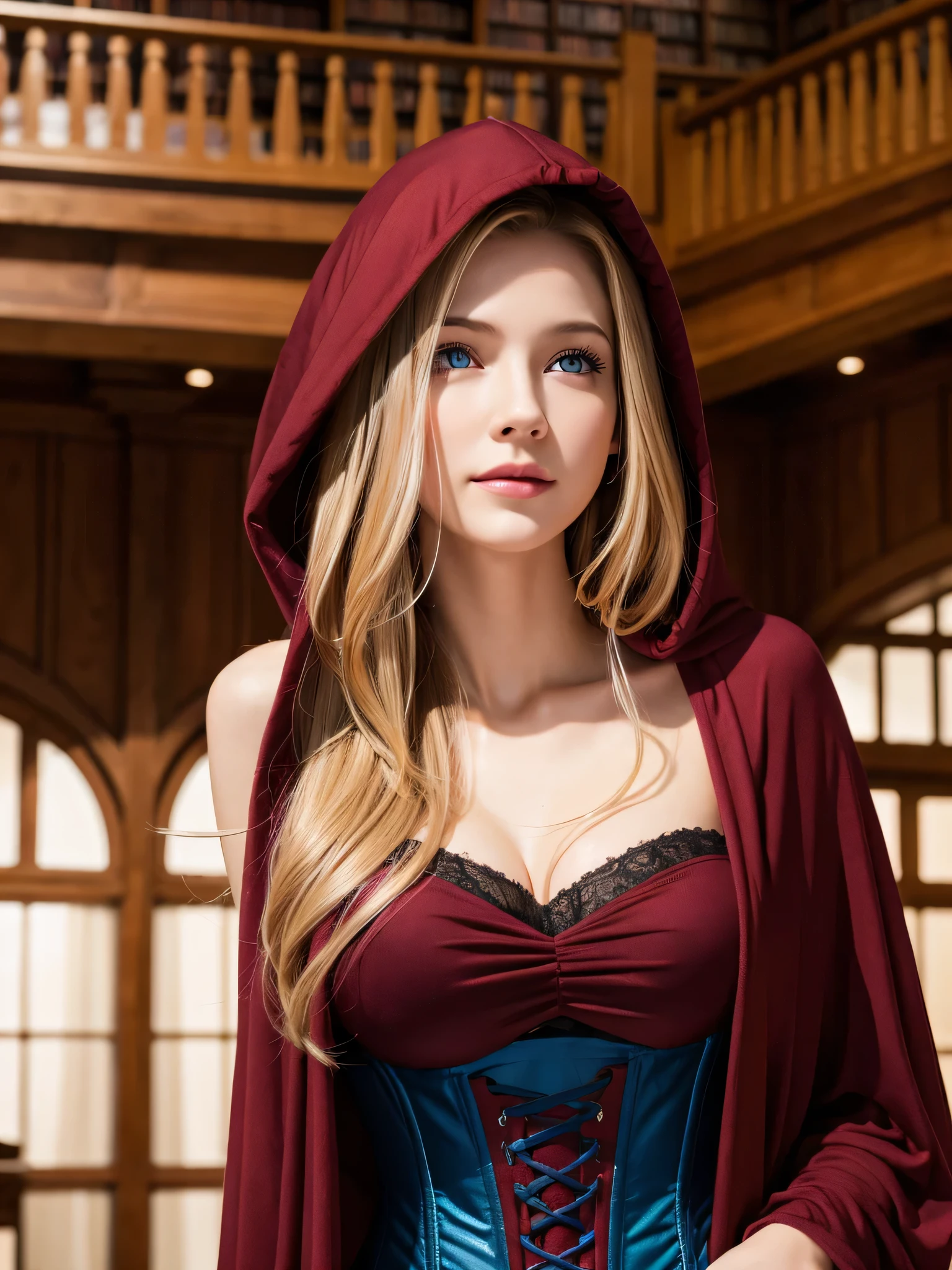 1 girl, wearing huge maroon hood up, (photo realistic:1.4), (hyper realistic:1.4), (realistic:1.3), (smoother lighting:1.05), (increase cinematic lighting quality:0.9), 32K, 1girl,20yo girl, realistic lighting, backlighting, light on face, ray trace, girl wearing a maroon off shoulder robe, wolf blonde hair with blue eyes, black corset, trimmed leg wear, huge maroon hood up, gorgeous face, high resolution, detailed face, not smiling, long hall library background, hair covering half of the face (brightening light:1.2), (Increase quality:1.4), (best quality real texture skin), finely detailed eyes, finely detailed face, (tired and sleepy and satisfied:0.0), face closeup, t-shirts, (Increase body line mood:1.1), shiny skin